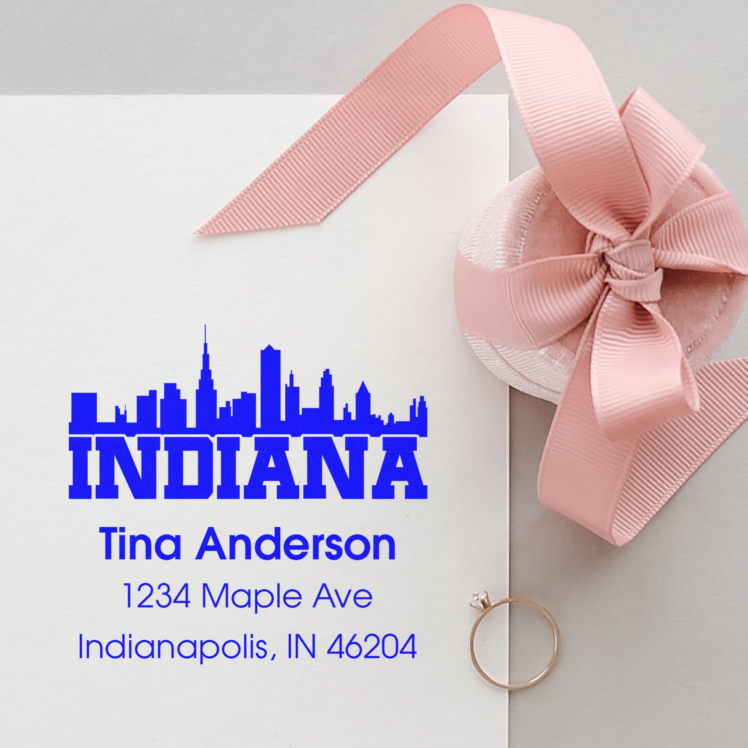 Custom Indianapolis return address rubber stamp for wedding invitations with skyline design and personalized name and address.