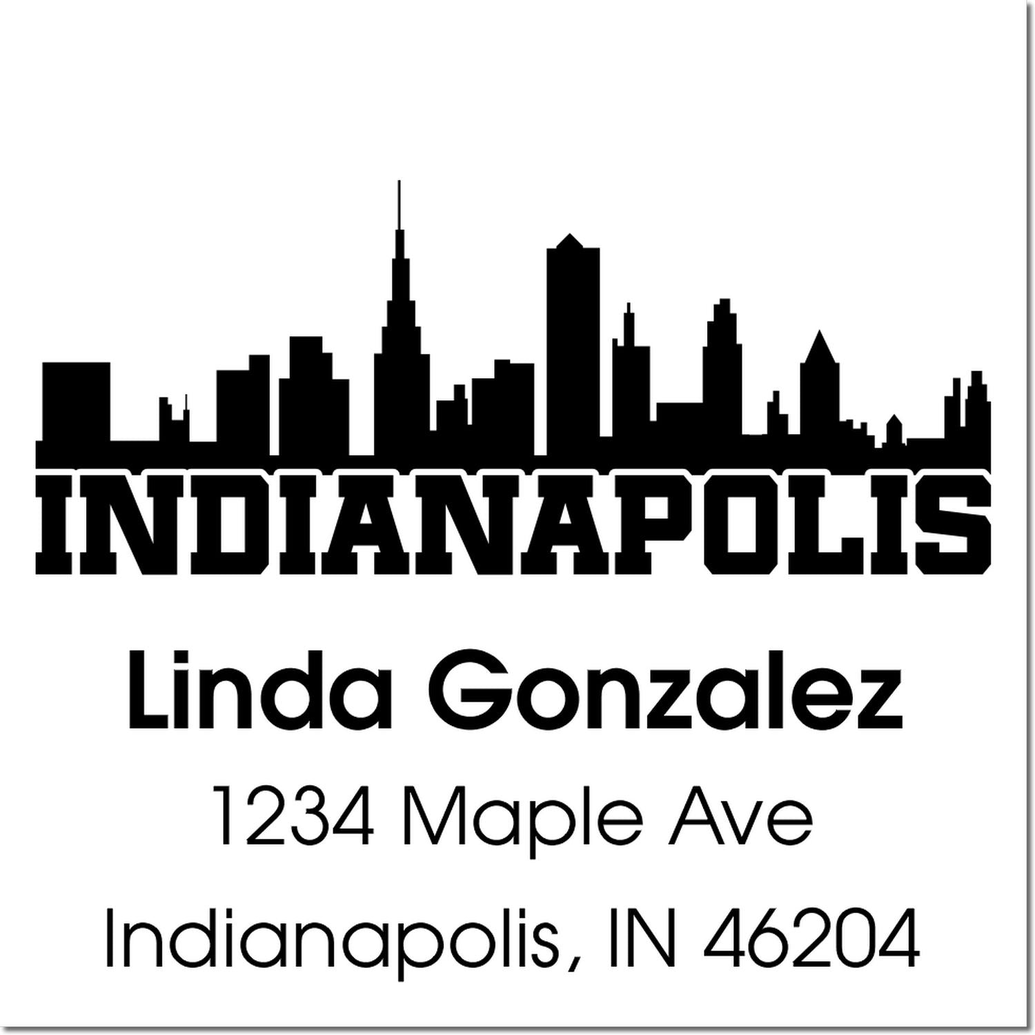 Personalized Indianapolis skyline return address rubber stamp for Linda Gonzalez, 1234 Maple Ave, Indianapolis, IN 46204.
