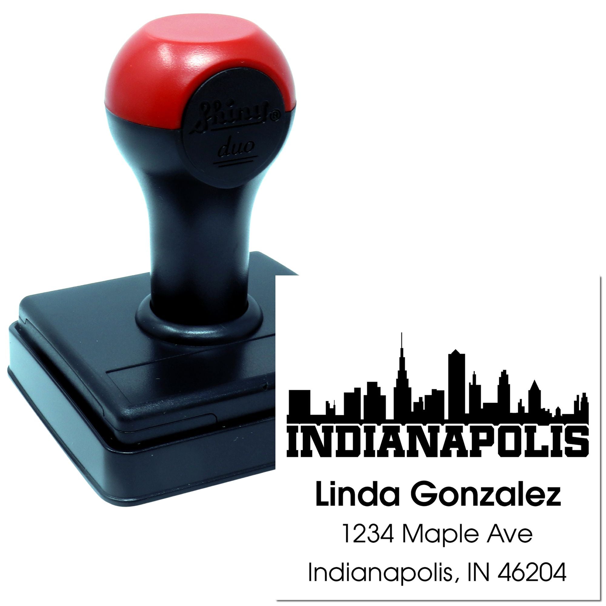 Custom self-inking rubber stamp with Indianapolis skyline return address for personalized mailing and business use