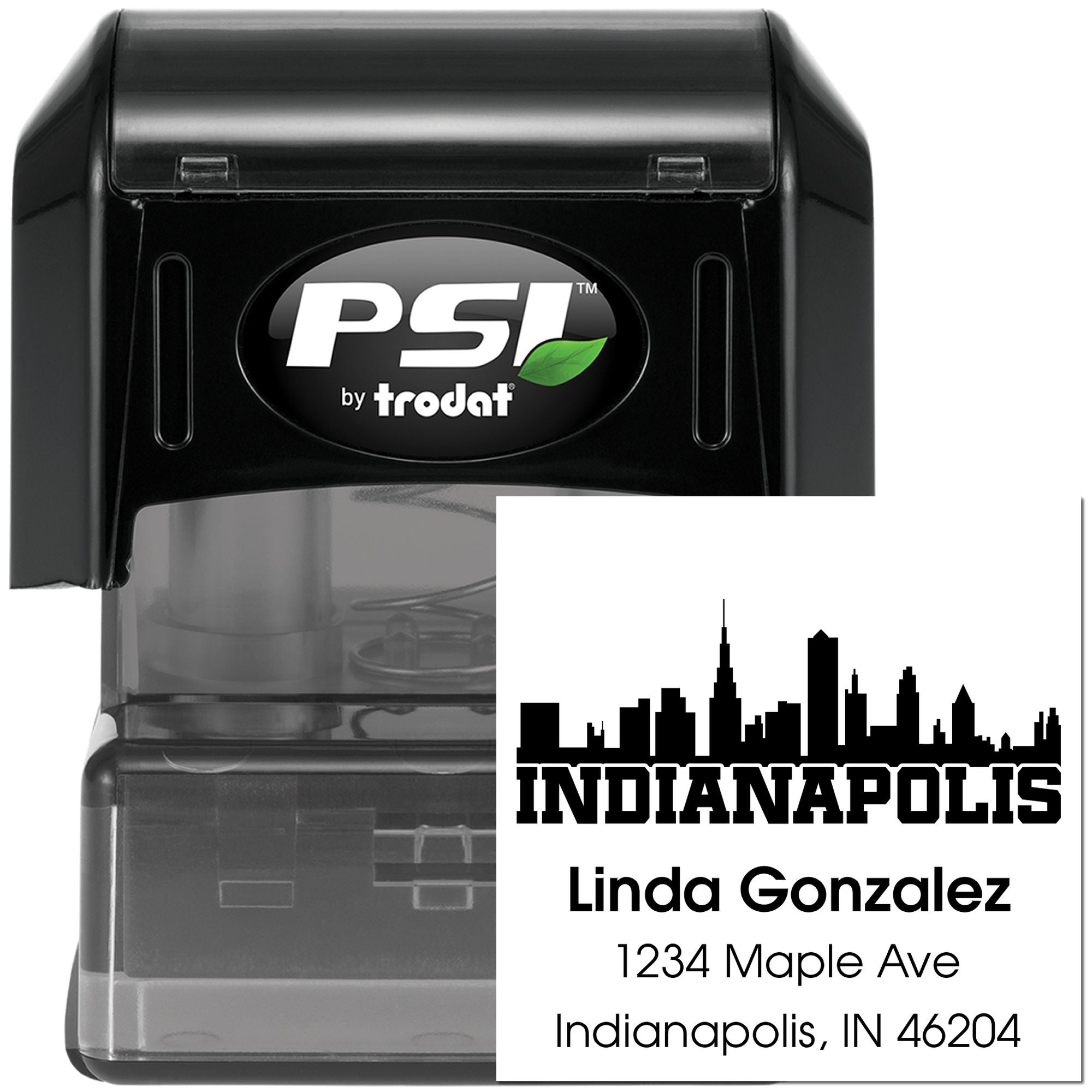 Personalized self-inking rubber address stamp with Indianapolis skyline, name, and address for business mailings and branding use