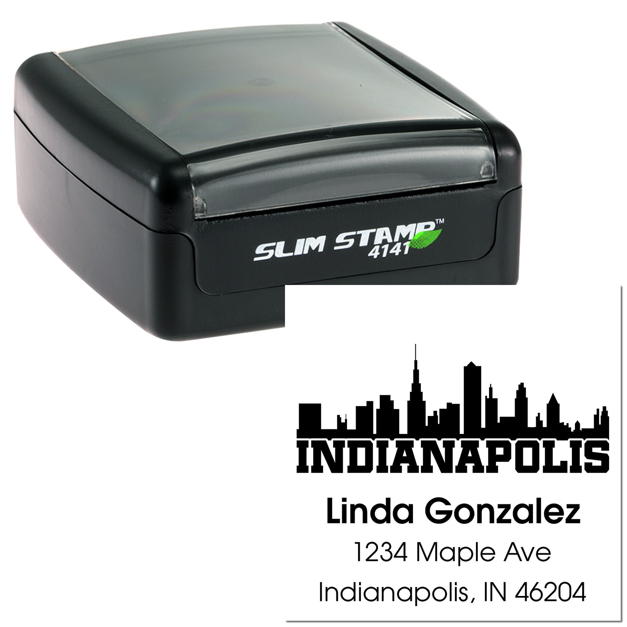 Personalized self-inking rubber address stamp with Indianapolis skyline, Linda Gonzalez name, and mailing address.