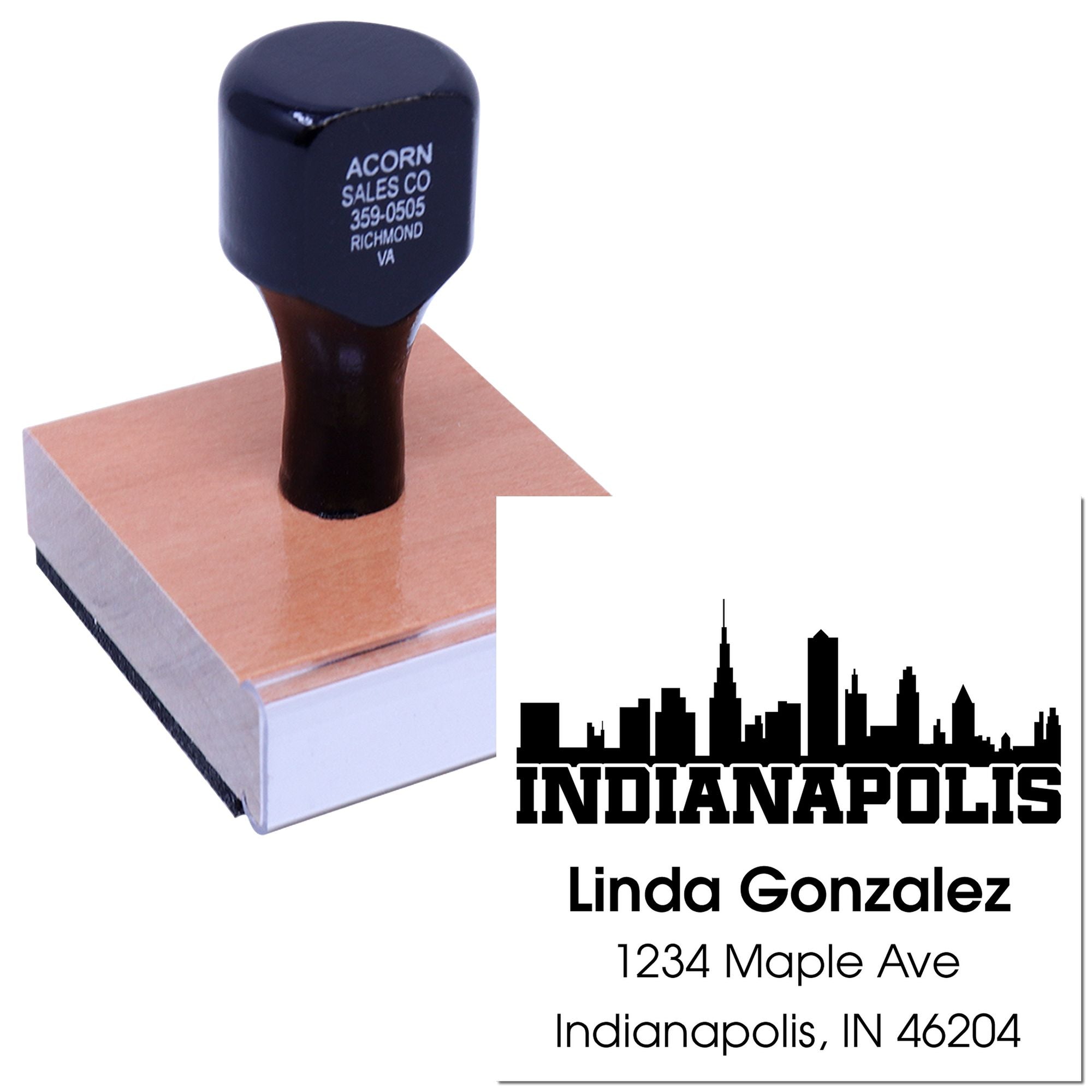 Custom address rubber stamp with Indianapolis skyline logo, name, and business return mailing details.