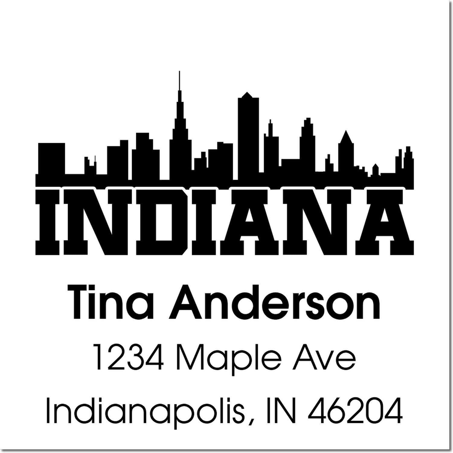 Custom Indiana return address rubber stamp with Indianapolis skyline, Tina Anderson, 1234 Maple Ave, Indianapolis, IN 46204.