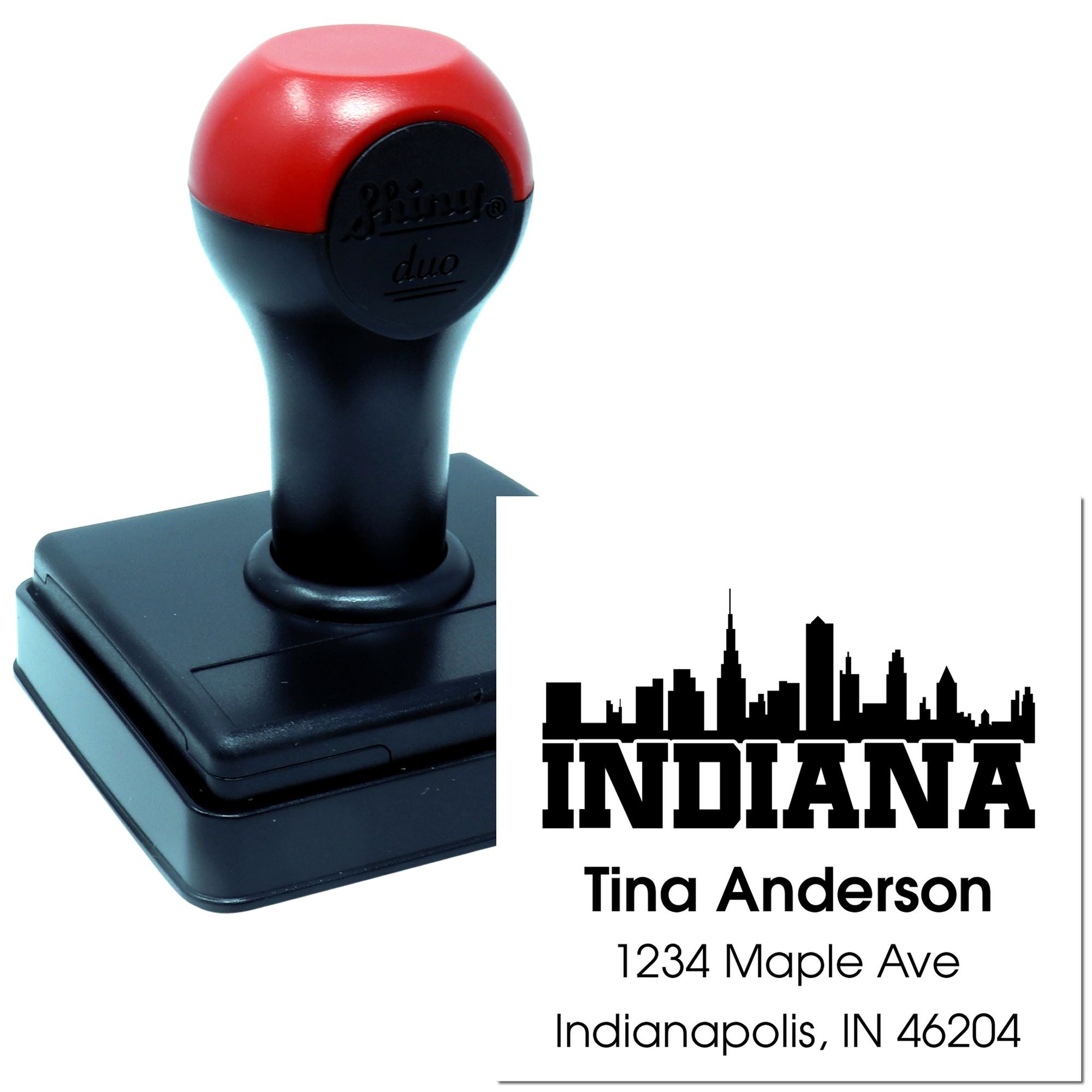 Custom self-inking rubber stamp with Indiana skyline return address design for Tina Anderson mailing labels.