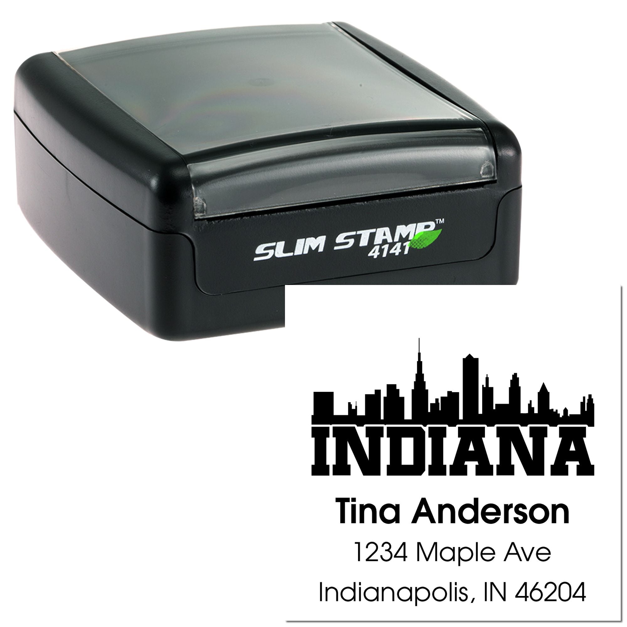 Slim Stamp 4141 self-inking custom rubber stamp with Indiana skyline return address impression for personalized mailing and business use
