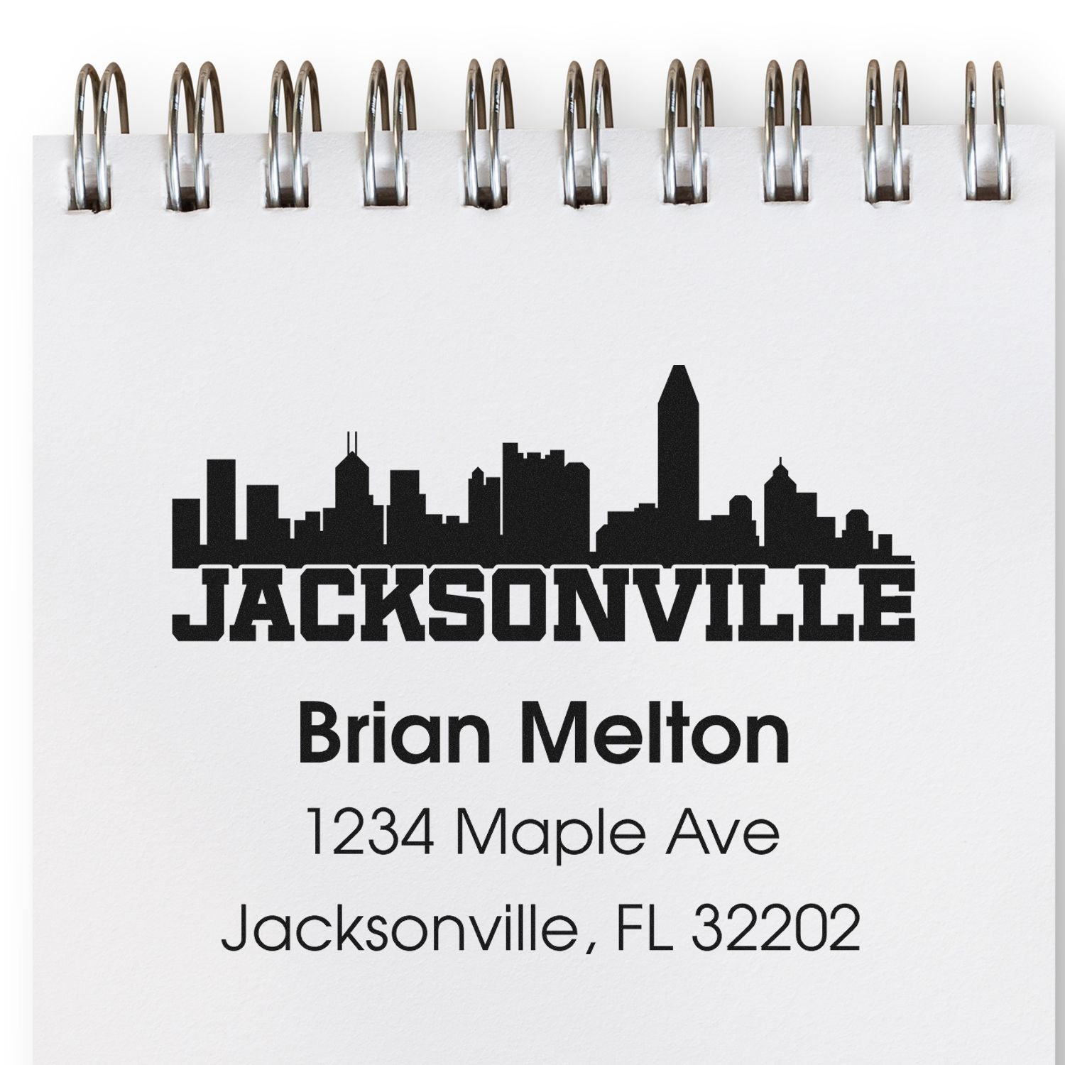 Custom Jacksonville address rubber stamp with skyline, featuring Brian Melton and 1234 Maple Ave, FL 32202.