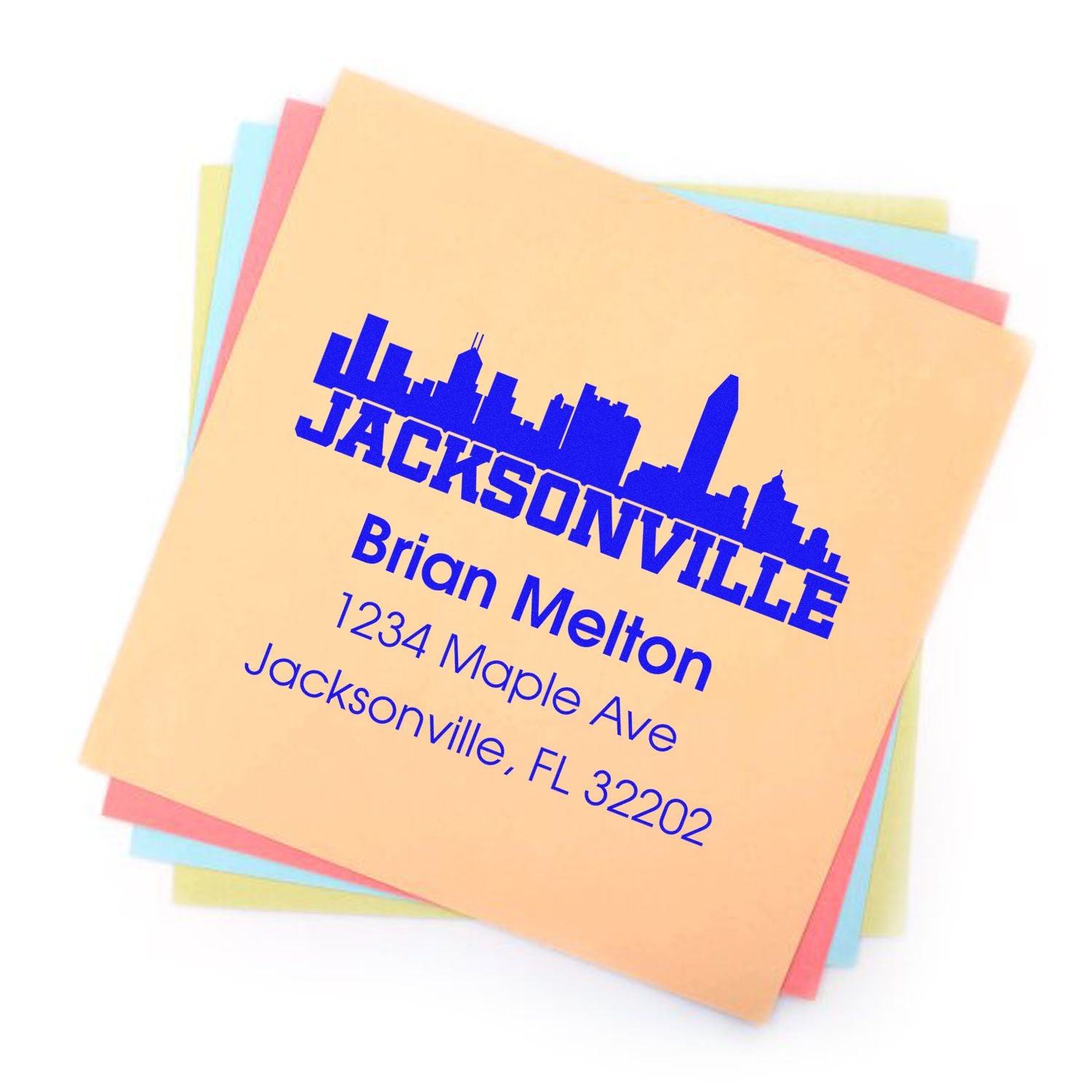 Custom Jacksonville return address rubber stamp with skyline design for Brian Melton, 1234 Maple Ave, FL 32202.