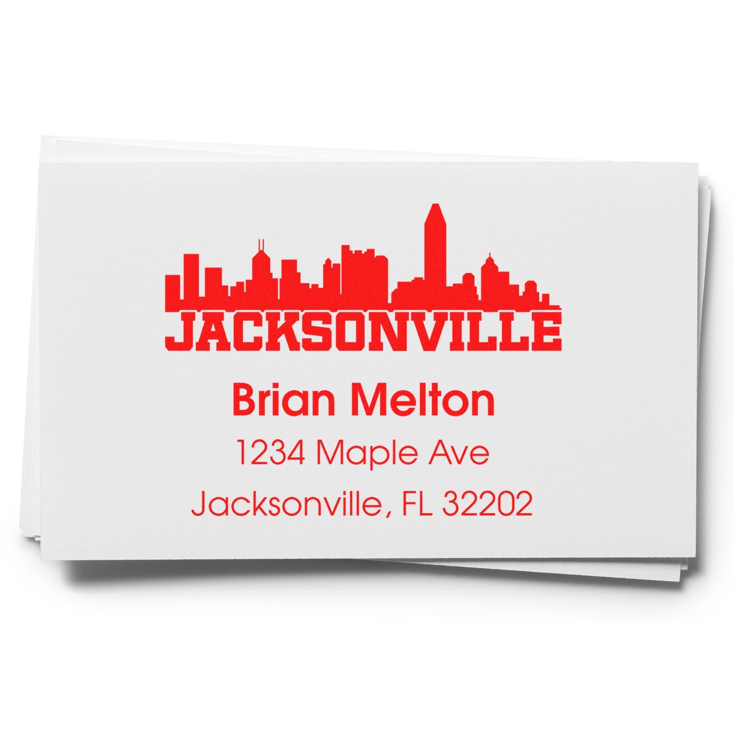 Personalized Jacksonville address rubber stamp with skyline, name, and mailing address for business or home use.