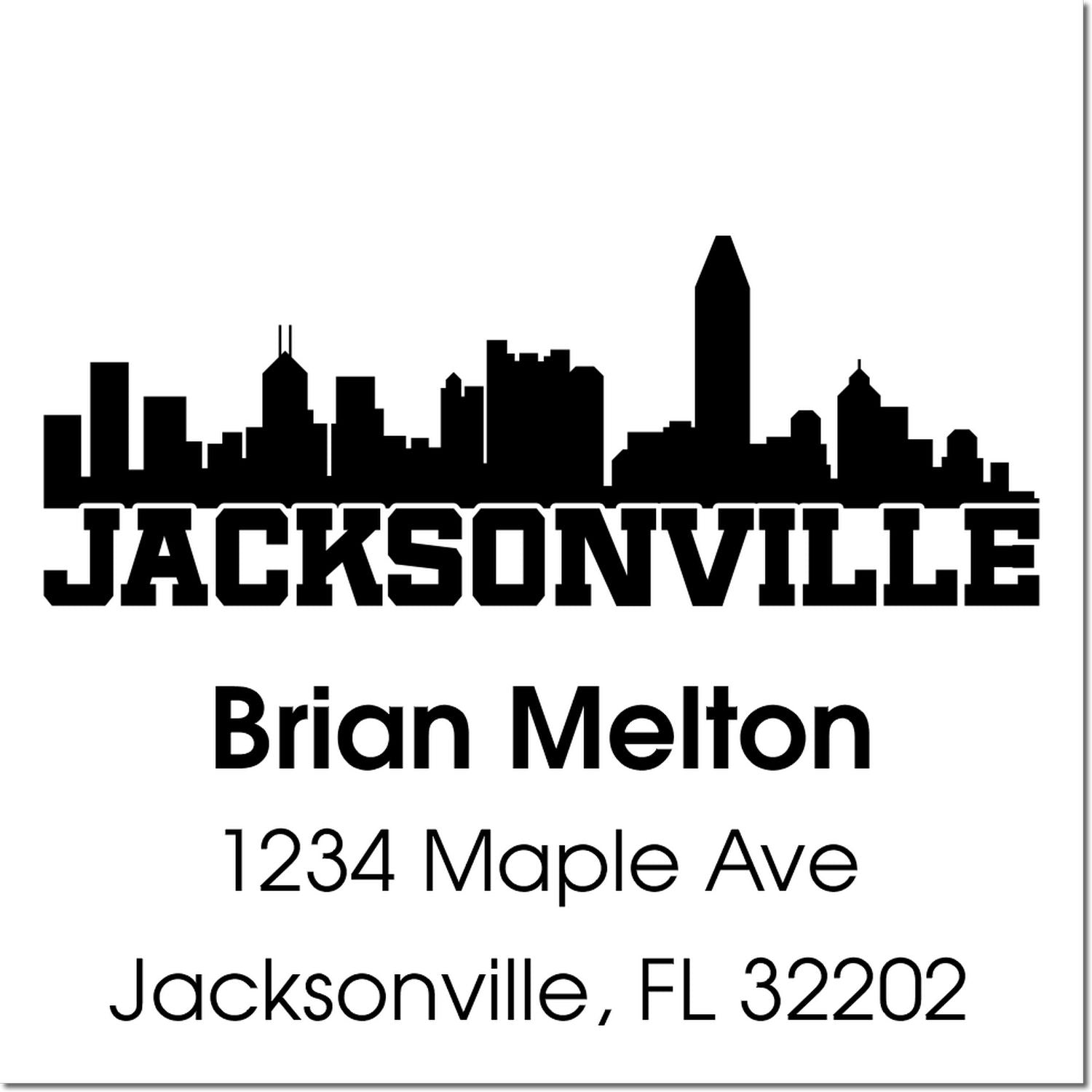 Personalized Jacksonville rubber stamp with skyline, Brian Melton, 1234 Maple Ave, Jacksonville, FL 32202