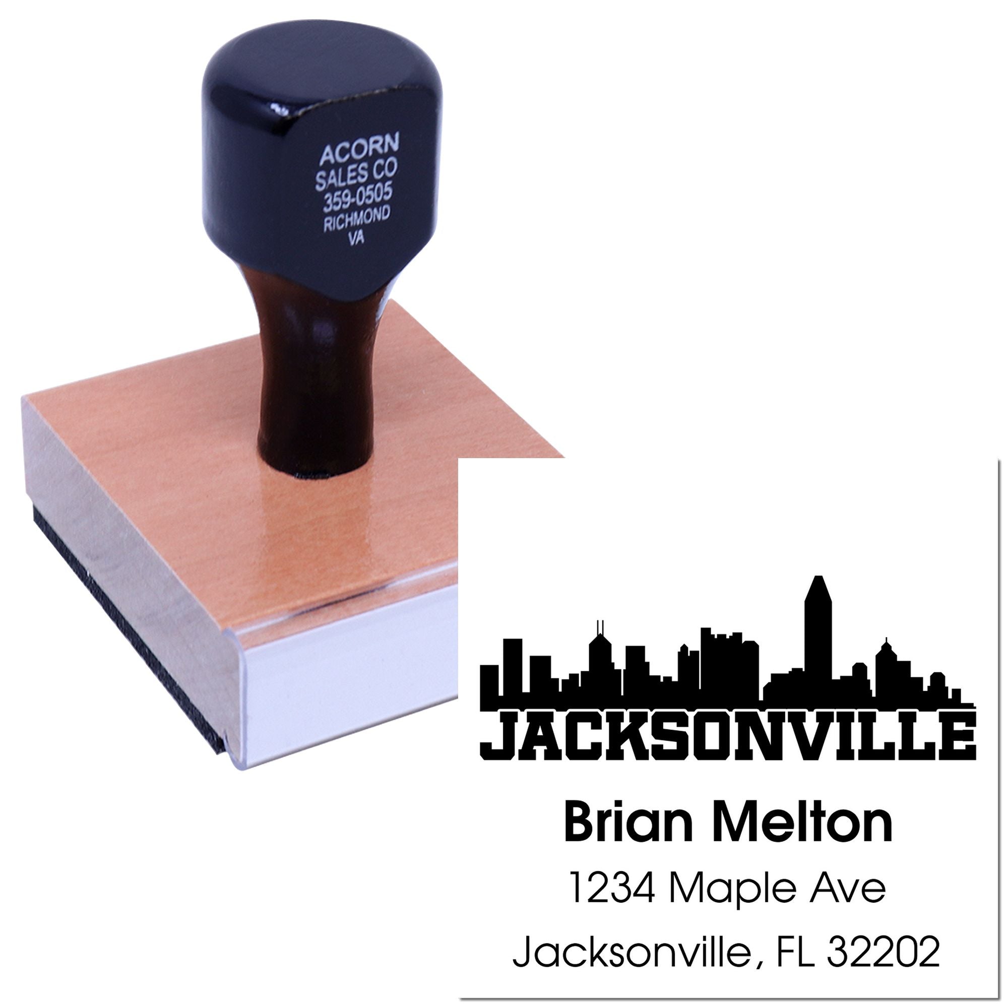 Custom Jacksonville address rubber stamp with skyline design and sample imprint for Brian Melton, 1234 Maple Ave, FL 32202.