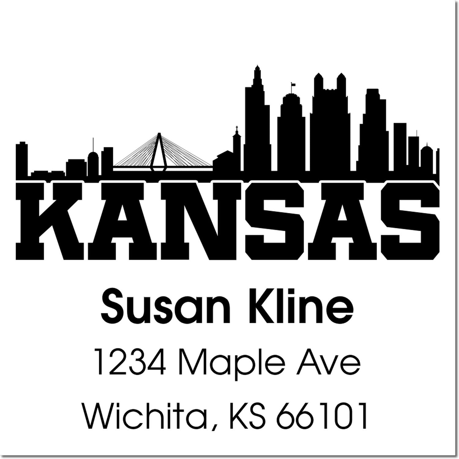 Custom Kansas skyline address rubber stamp for Susan Kline, 1234 Maple Ave, Wichita, KS 66101.