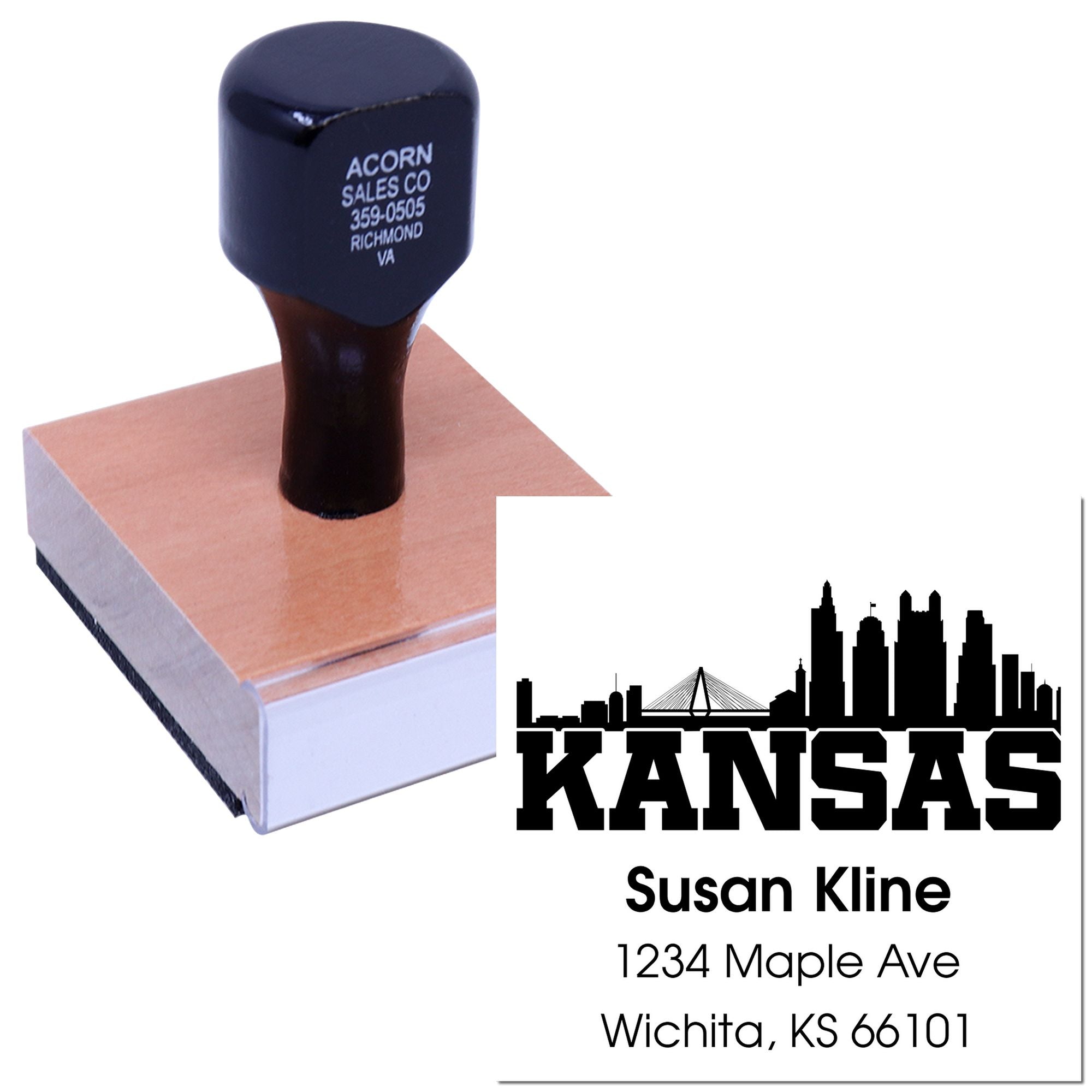 Custom Kansas return address rubber stamp with skyline design, shown as a wood-handled stamp and printed address sample.