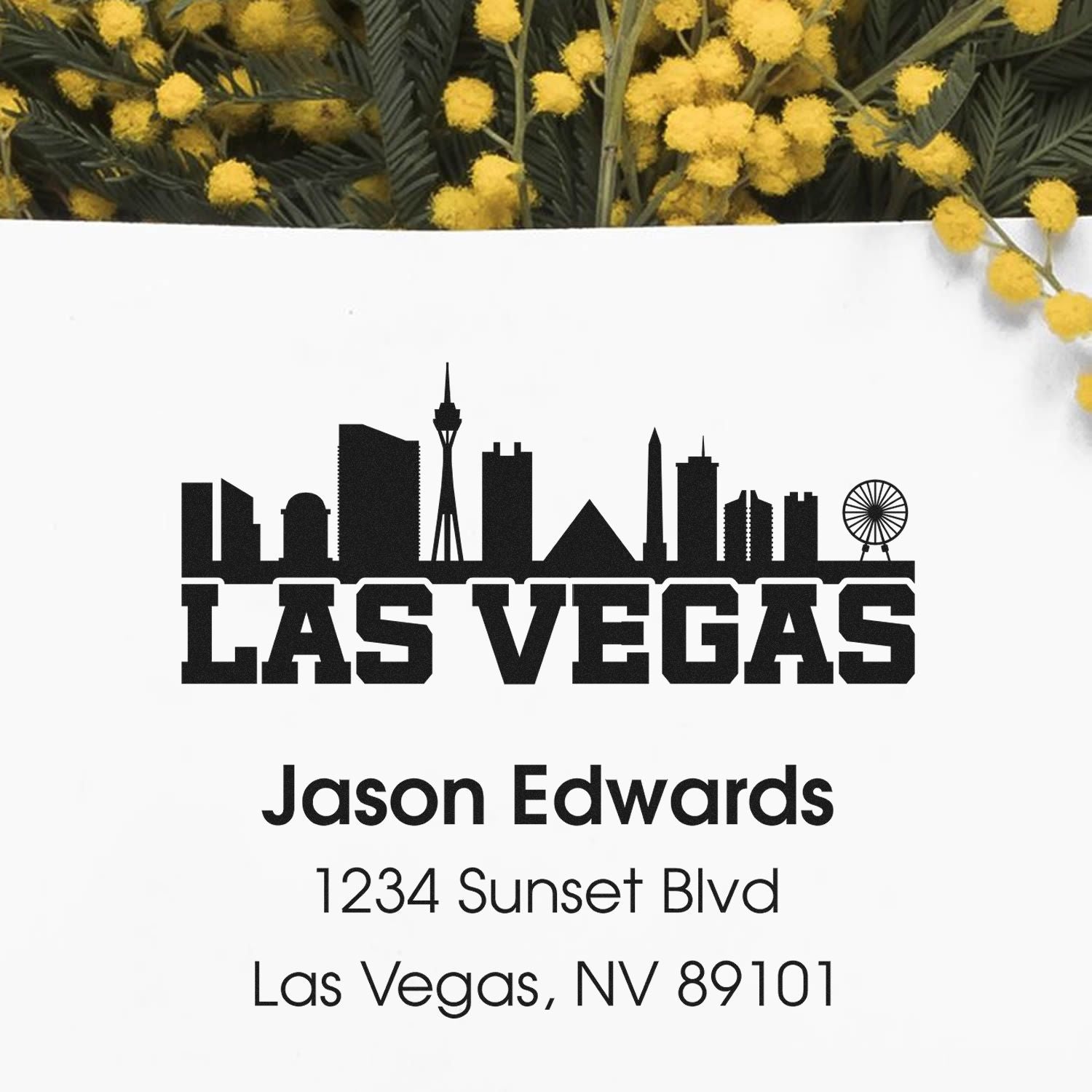 Las Vegas return address rubber stamp with skyline, Jason Edwards, 1234 Sunset Blvd, NV 89101