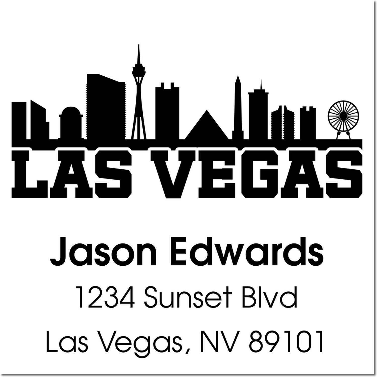 Custom Las Vegas return address rubber stamp with skyline, Jason Edwards, 1234 Sunset Blvd, Las Vegas, NV 89101