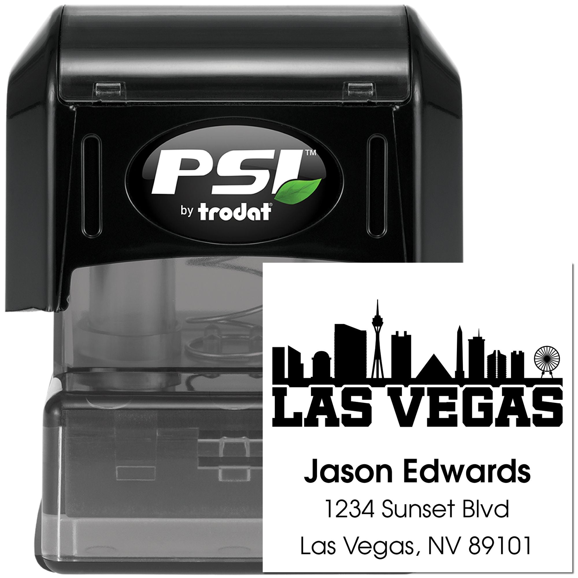 PSI by Trodat custom self-inking rubber address stamp for Las Vegas, NV, with skyline, name, and mailing address.
