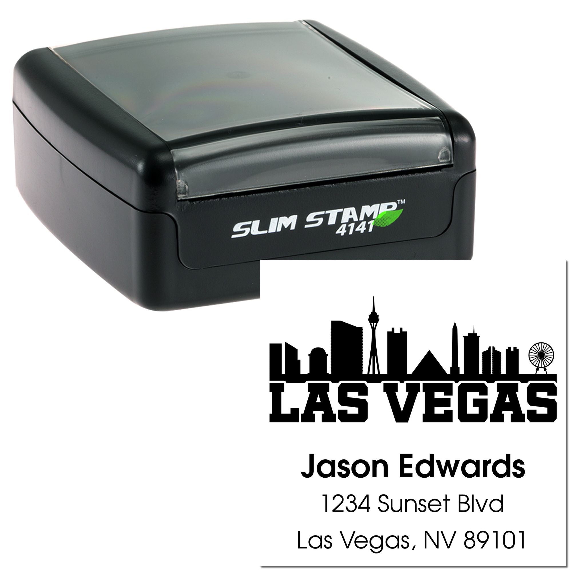 Custom Las Vegas self-inking rubber stamp with skyline design, personalized name and address, Slim Stamp 4141.