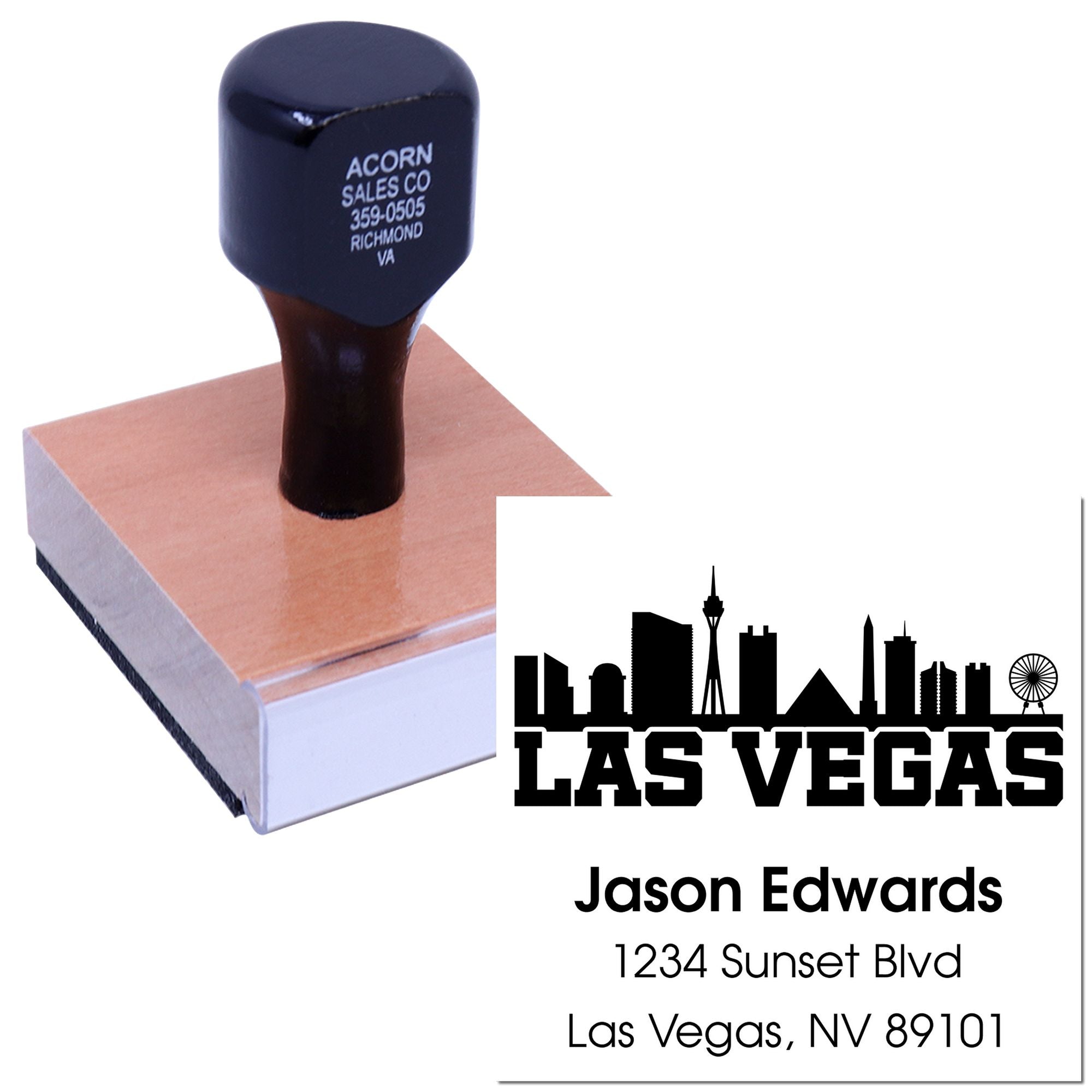 Personalized Las Vegas address rubber stamp with skyline logo, name, and mailing address for business or personal use.