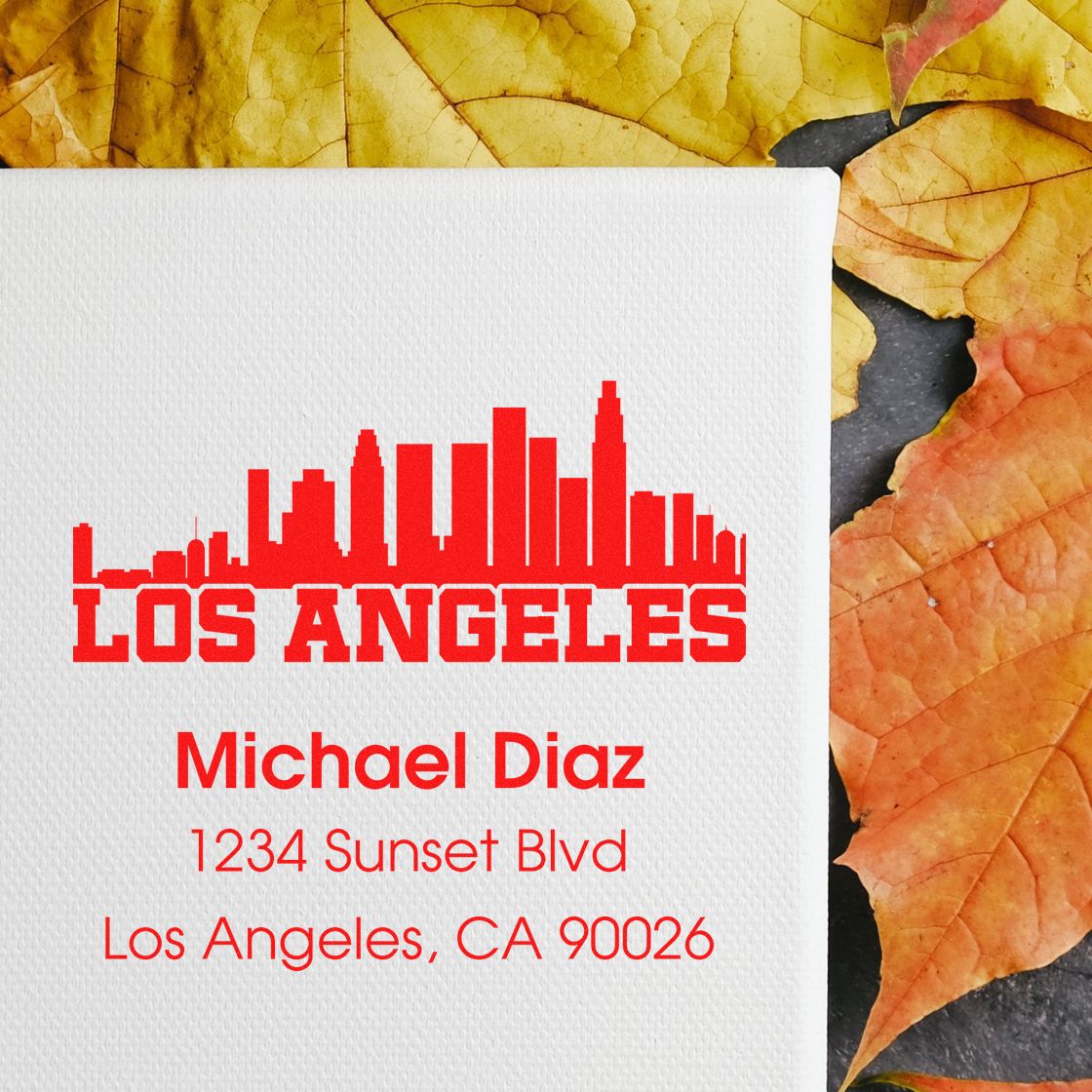 Personalized Los Angeles return address rubber stamp with skyline design for custom mailing labels.