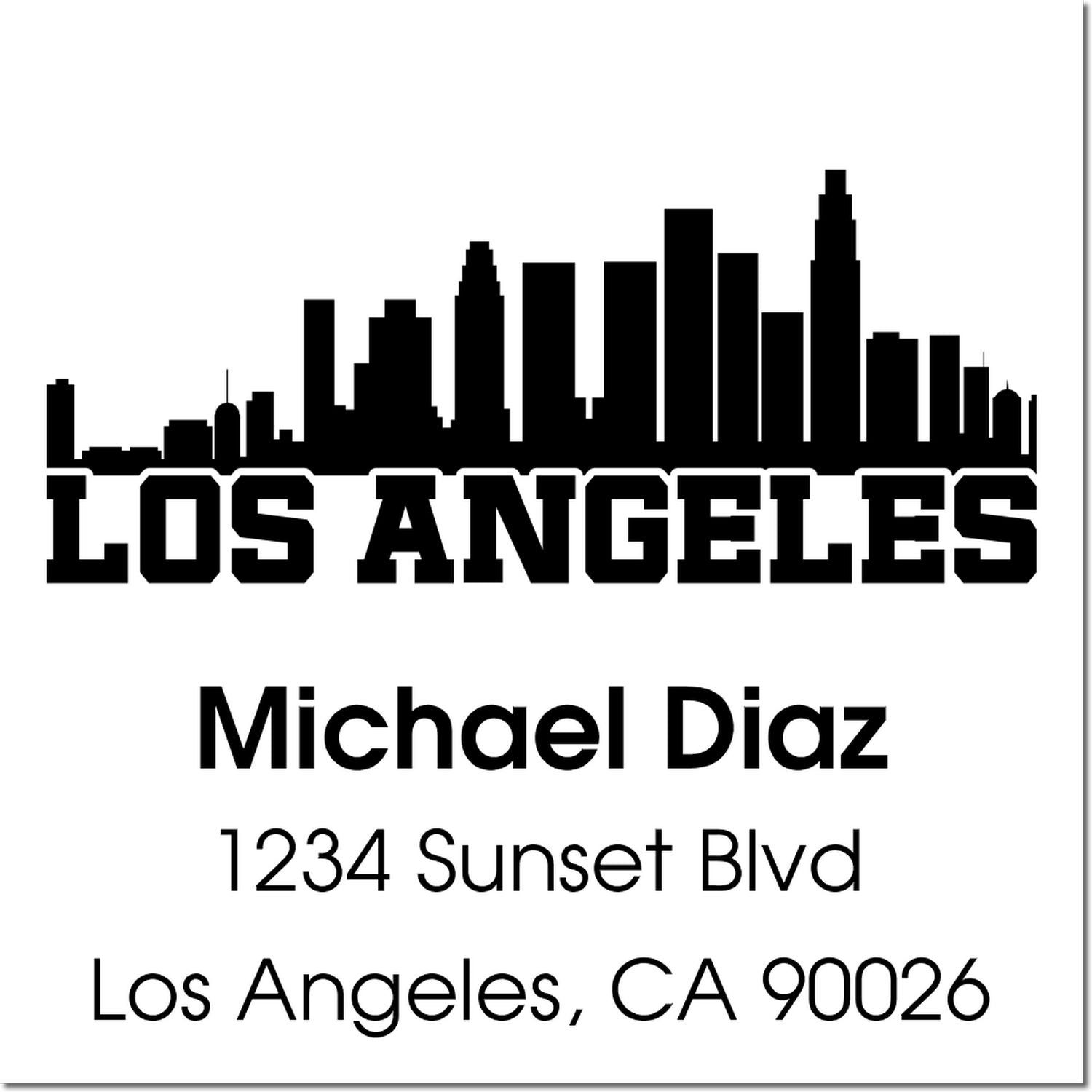 Custom Los Angeles address rubber stamp with skyline, personalized for Michael Diaz, 1234 Sunset Blvd, Los Angeles, CA 90026