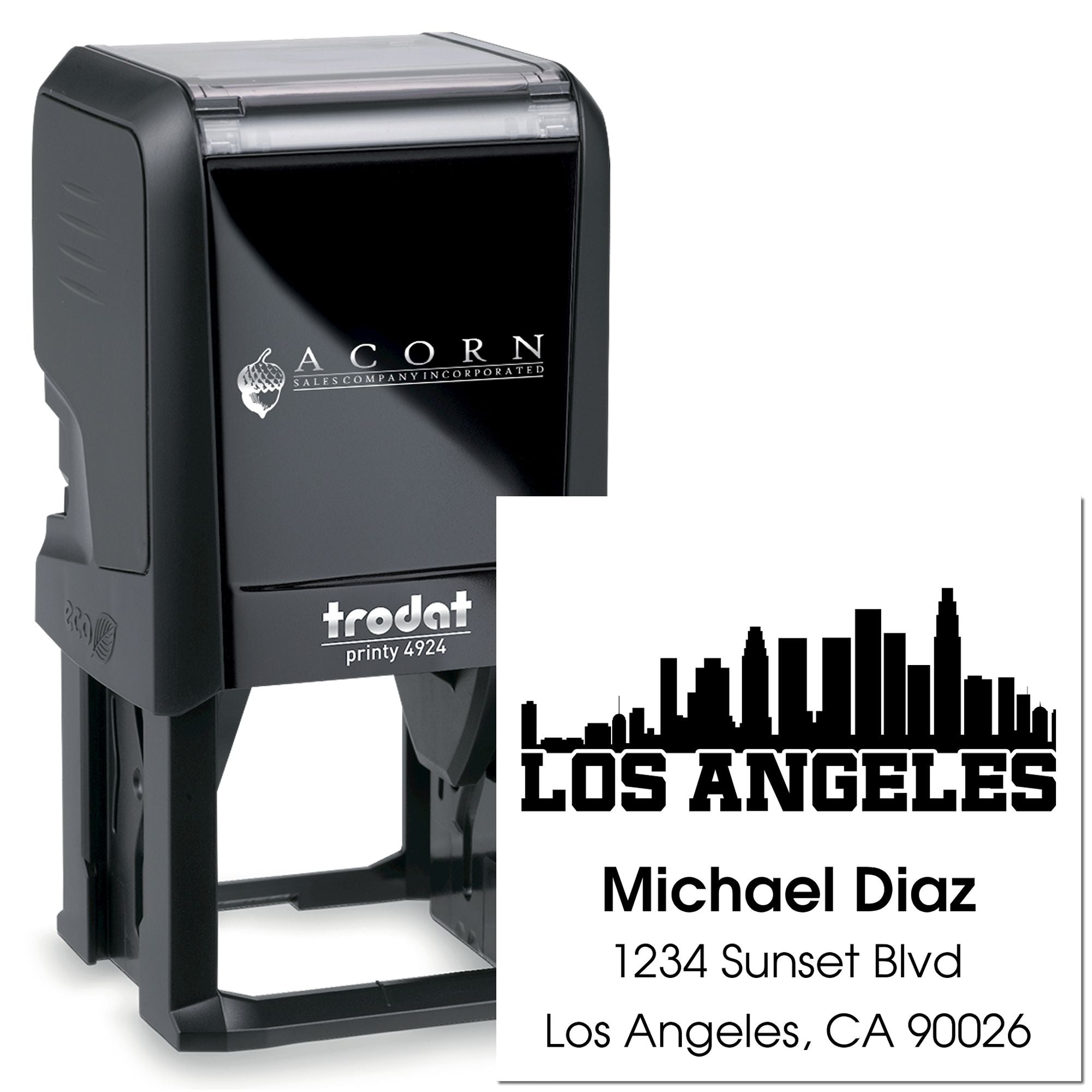 Custom self-inking rubber address stamp with Los Angeles skyline, Michael Diaz, and 1234 Sunset Blvd return address.