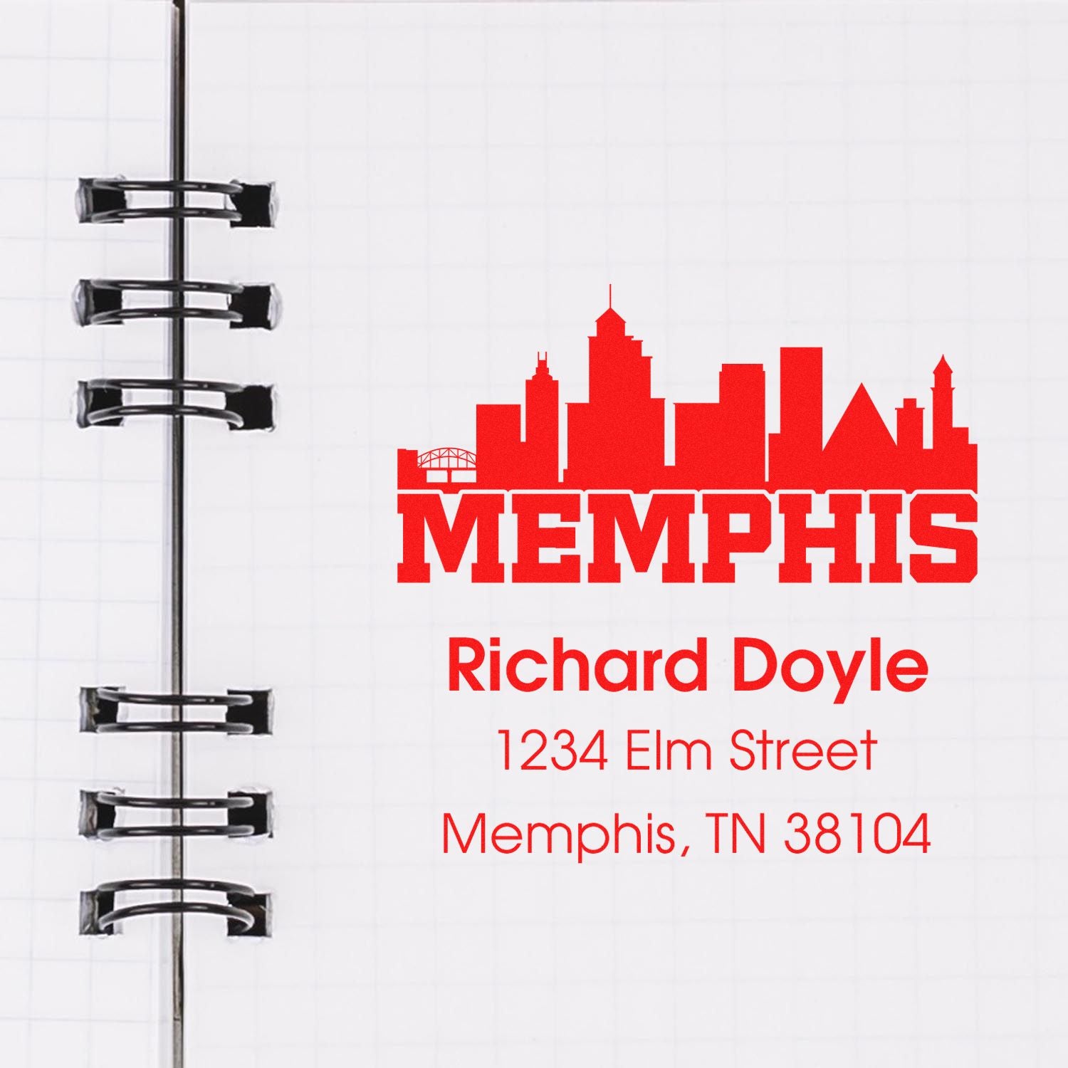 Custom Memphis return address rubber stamp with skyline design, personalized name and address for notebooks, mail, and packaging.