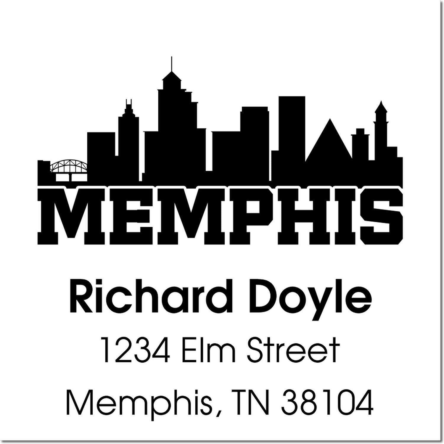 Custom Memphis return address rubber stamp with skyline, Richard Doyle, 1234 Elm Street, Memphis, TN 38104.