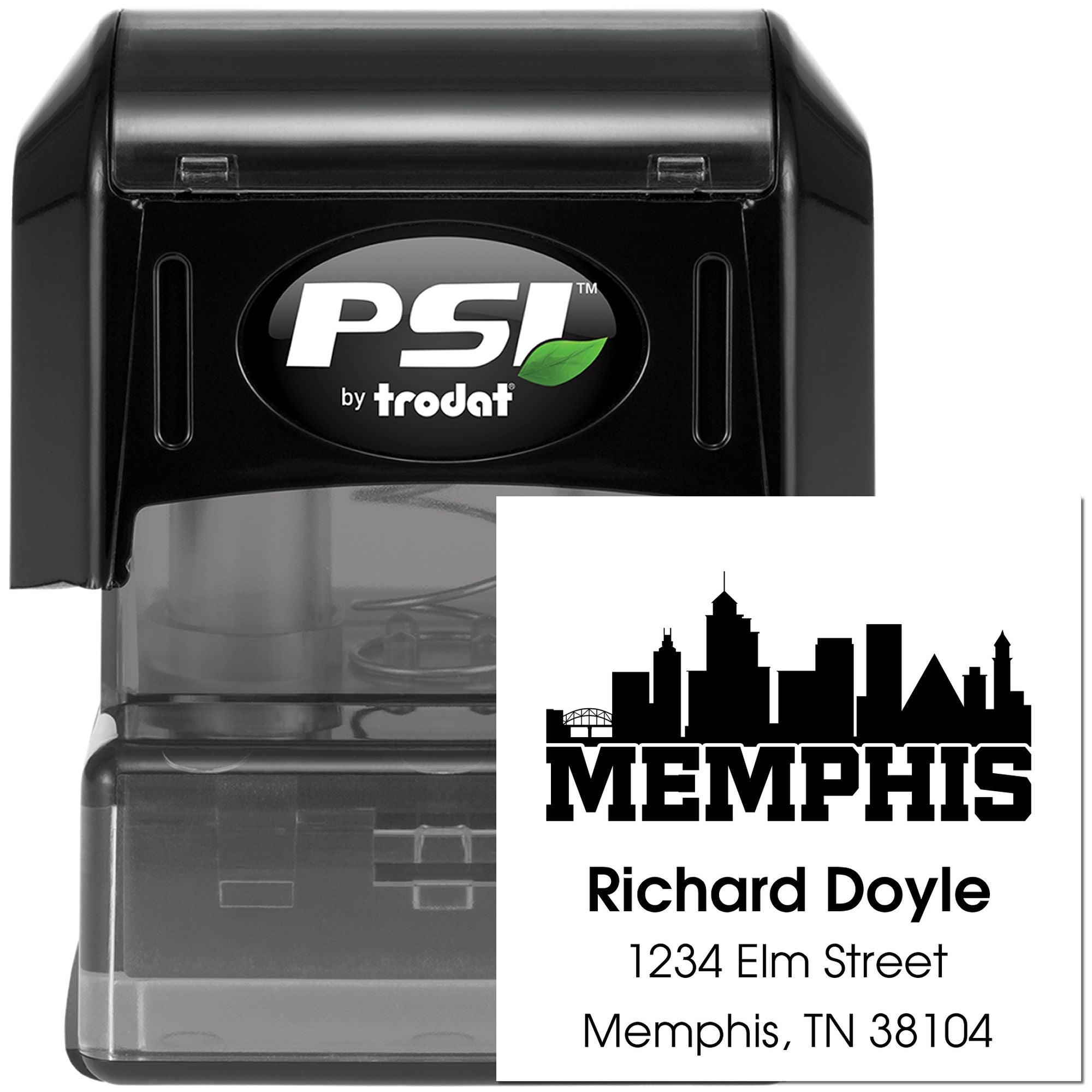 PSI by Trodat custom self-inking rubber stamp with Memphis skyline and personalized return address.