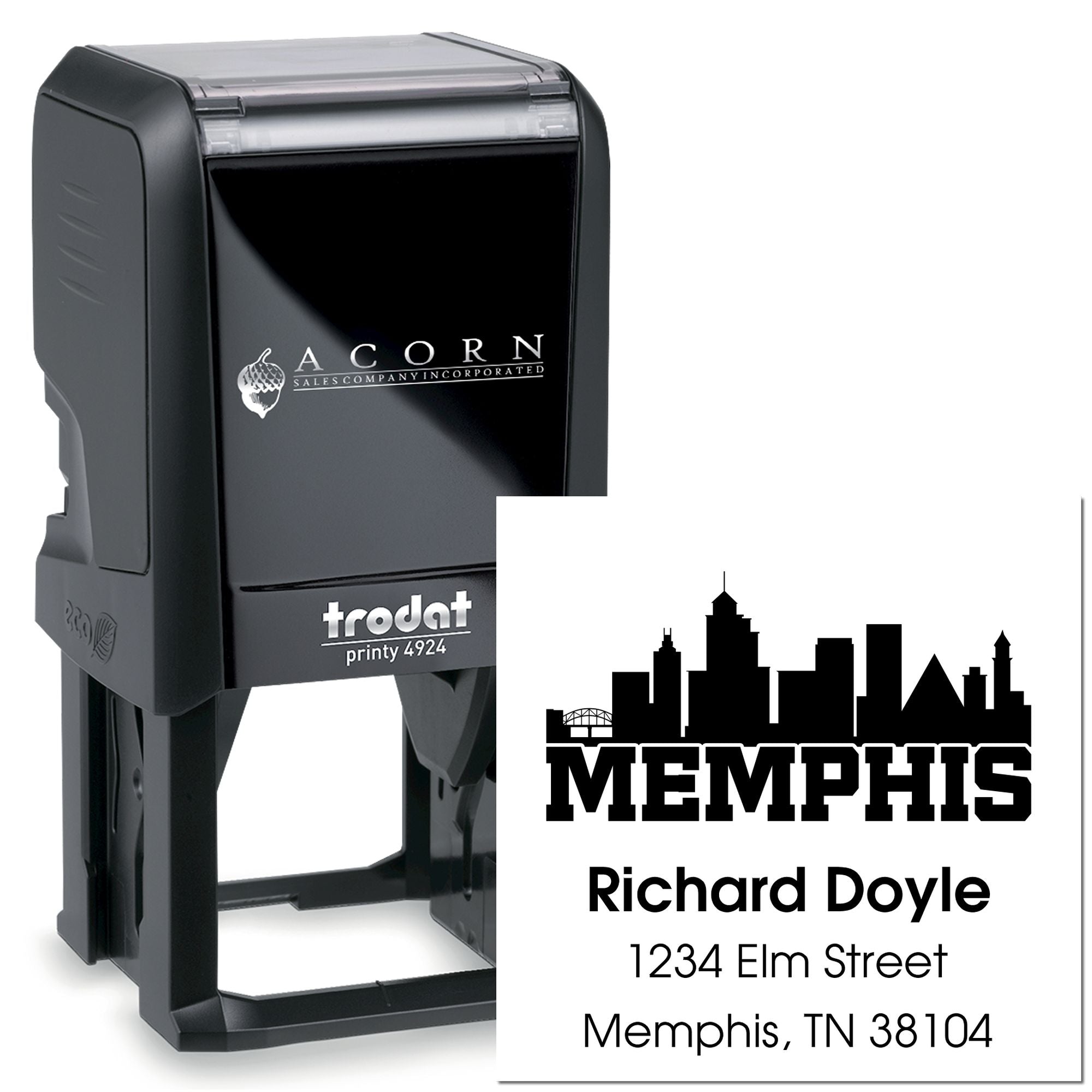 Custom self-inking rubber stamp for Memphis return address, featuring skyline logo and name, by Trodat Printy 4924.