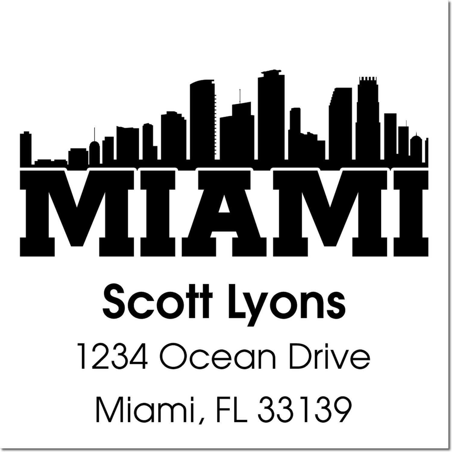 Personalized Miami return address rubber stamp with skyline logo for Scott Lyons, 1234 Ocean Drive, Miami, FL 33139