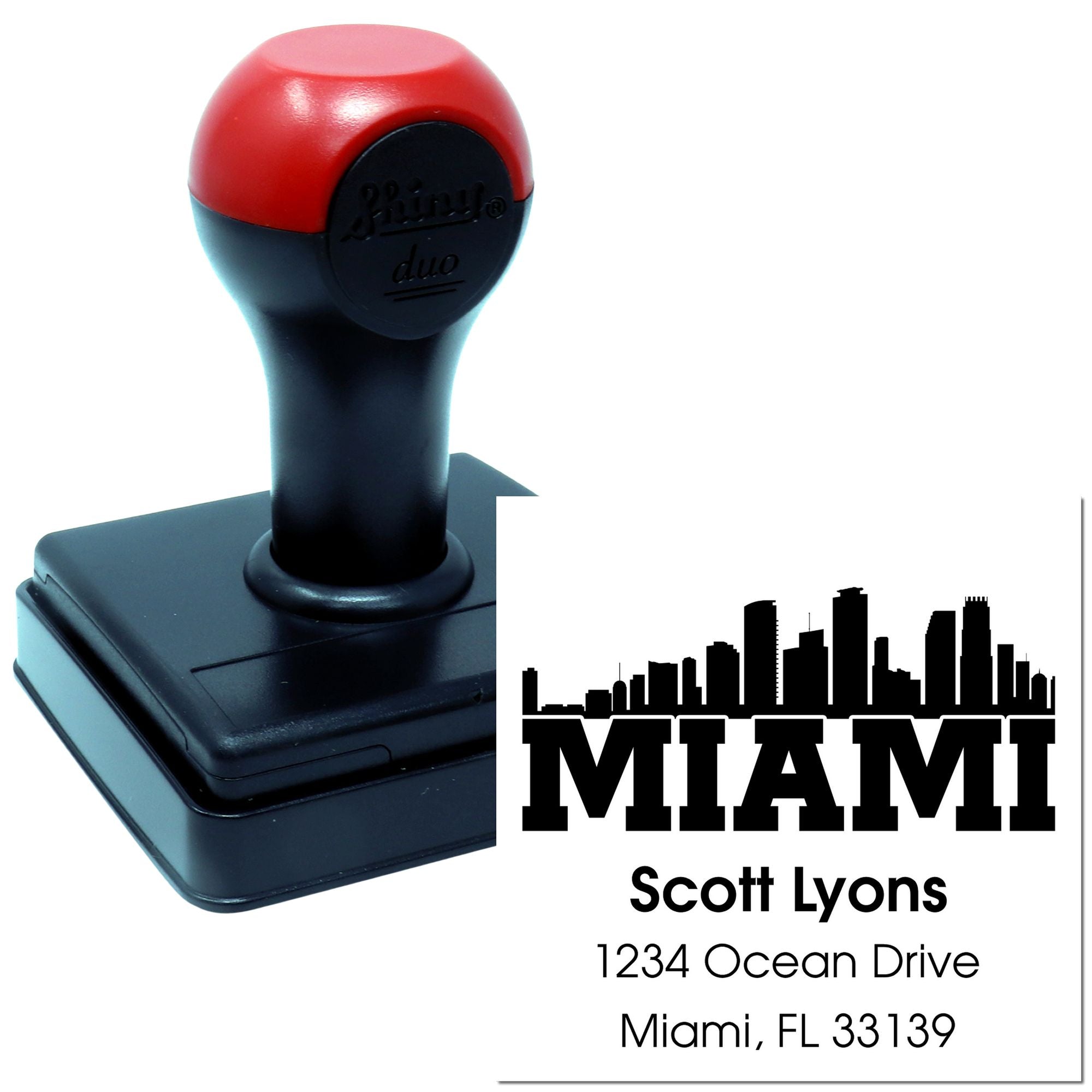 Custom Miami self-inking rubber stamp with skyline return address design for business or personal mail.
