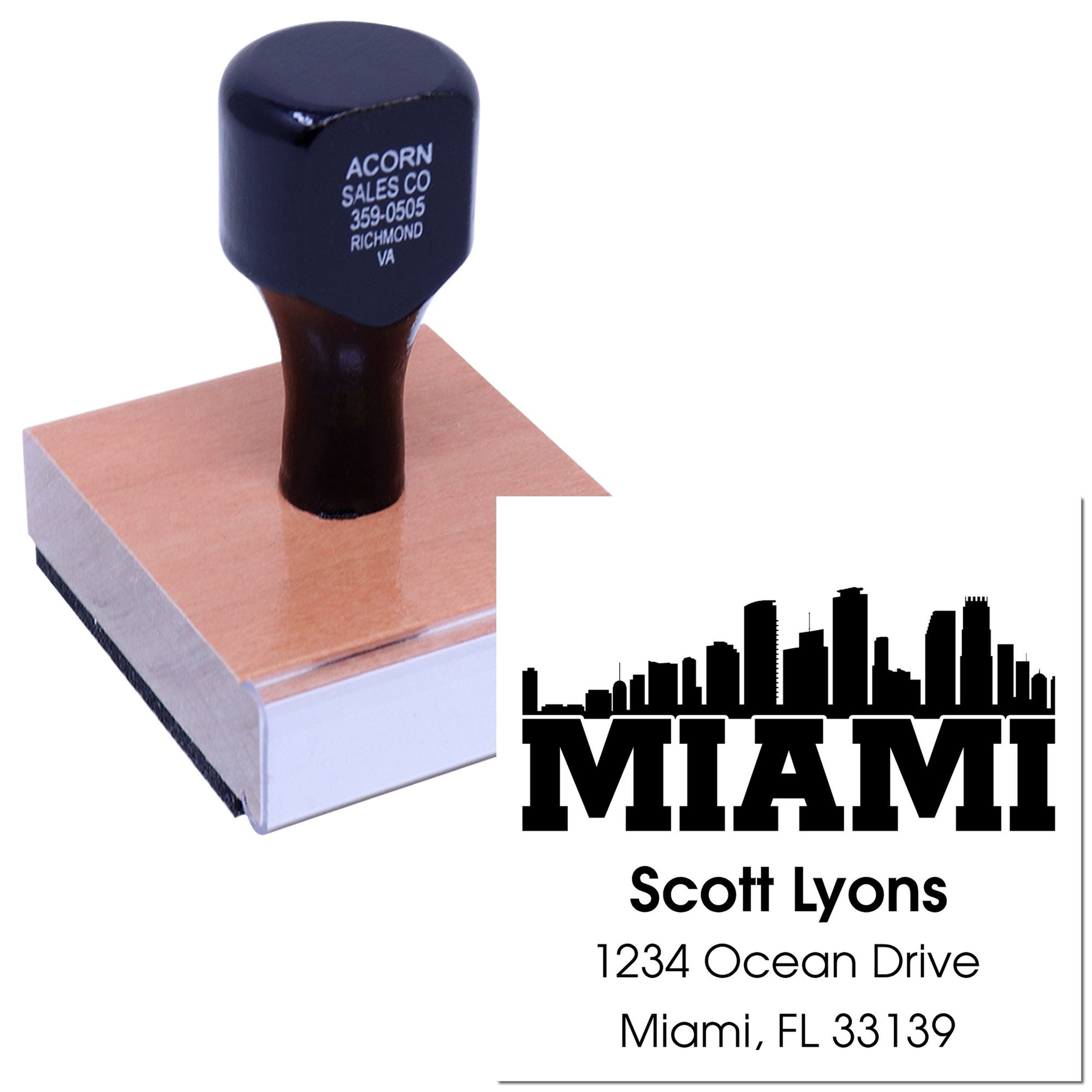 Custom Miami address rubber stamp with skyline design, Scott Lyons name, Ocean Drive address, and zip code.