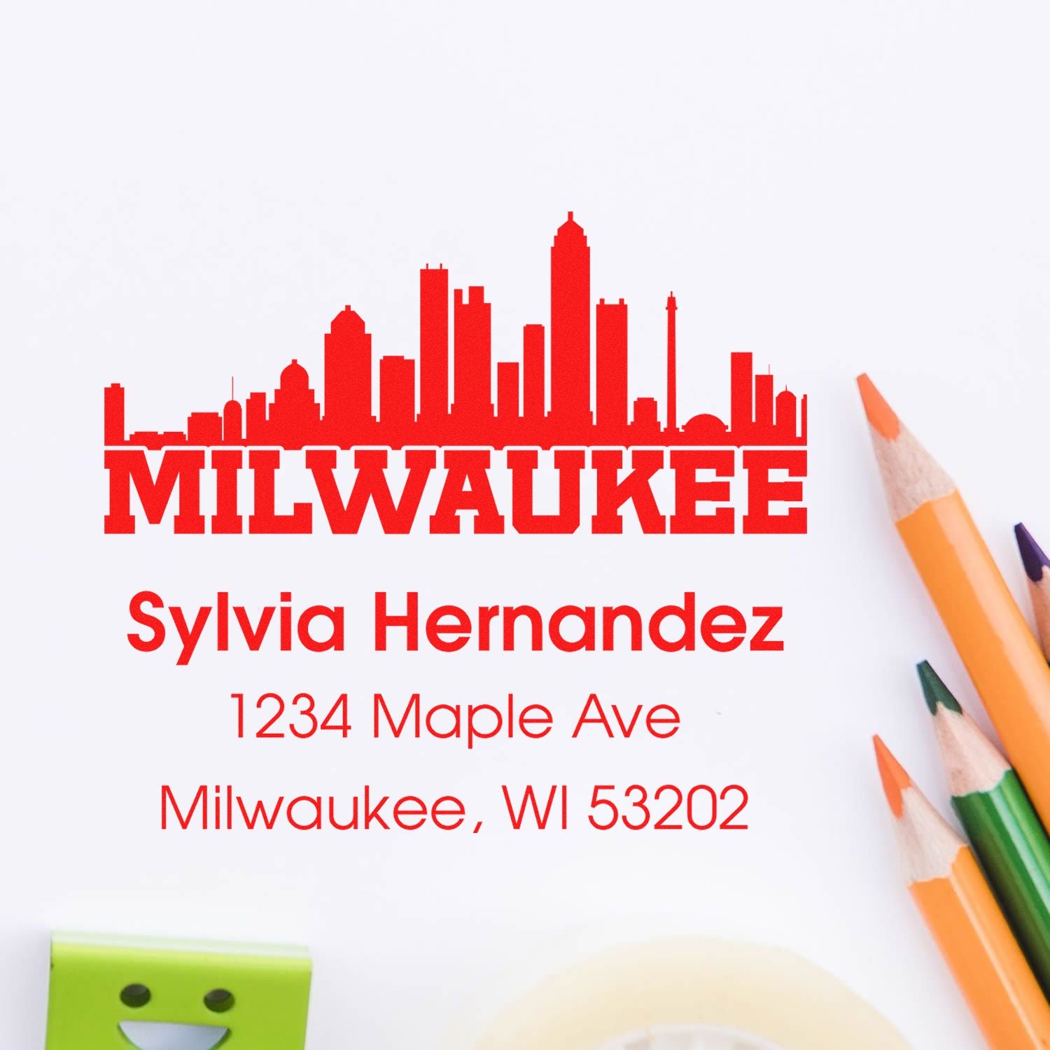 Custom Milwaukee address rubber stamp with skyline design for Sylvia Hernandez, 1234 Maple Ave, Milwaukee, WI 53202