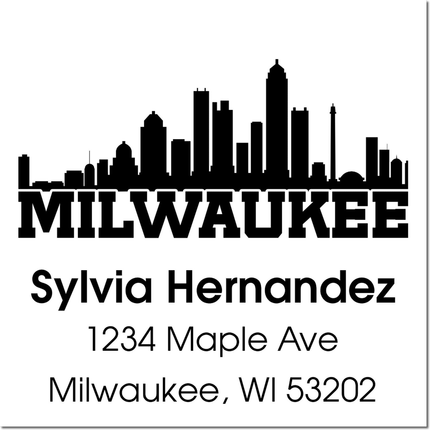 Personalized Milwaukee return address rubber stamp with skyline, Sylvia Hernandez, 1234 Maple Ave, Milwaukee WI 53202.