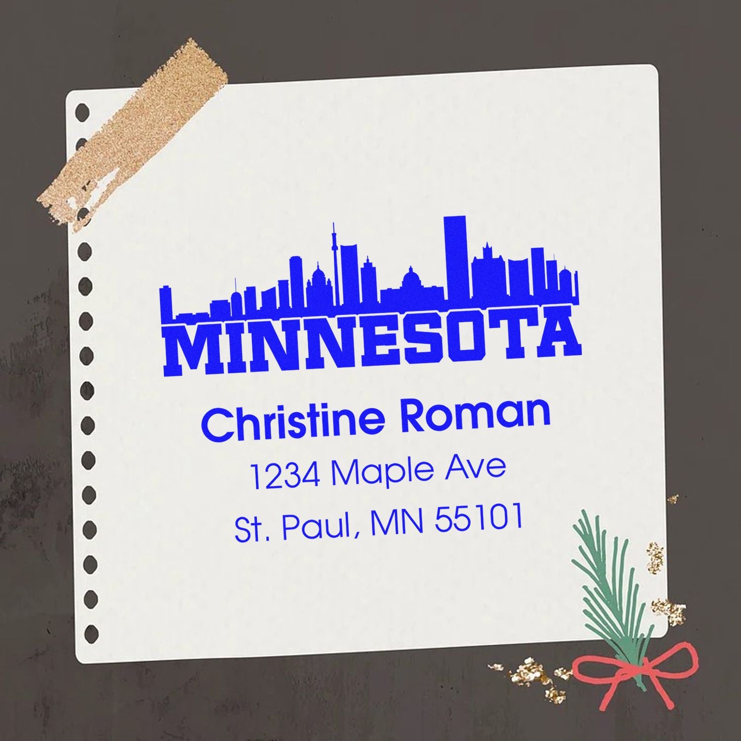 Custom Minnesota skyline return address rubber stamp for Christine Roman, 1234 Maple Ave, St. Paul, MN 55101.
