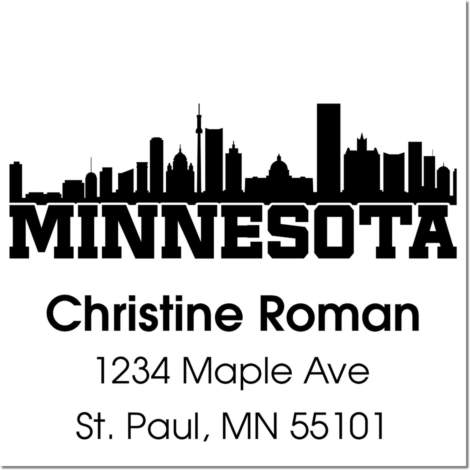 Personalized Minnesota return address rubber stamp with Minneapolis skyline, Christine Roman, 1234 Maple Ave, St. Paul, MN 55101.