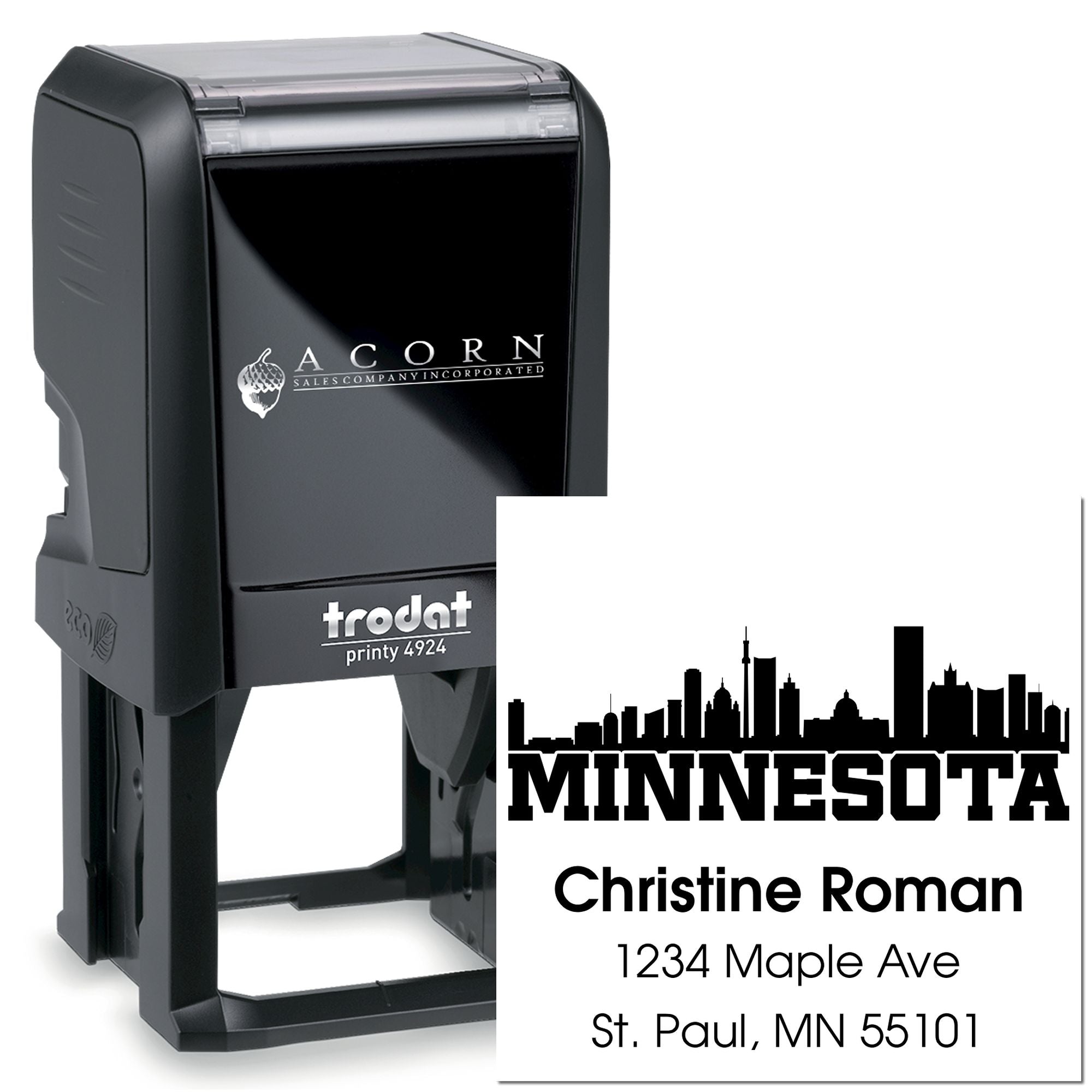 Trodat Printy self-inking address stamp with Minnesota skyline, custom name and address for personalized mailings.