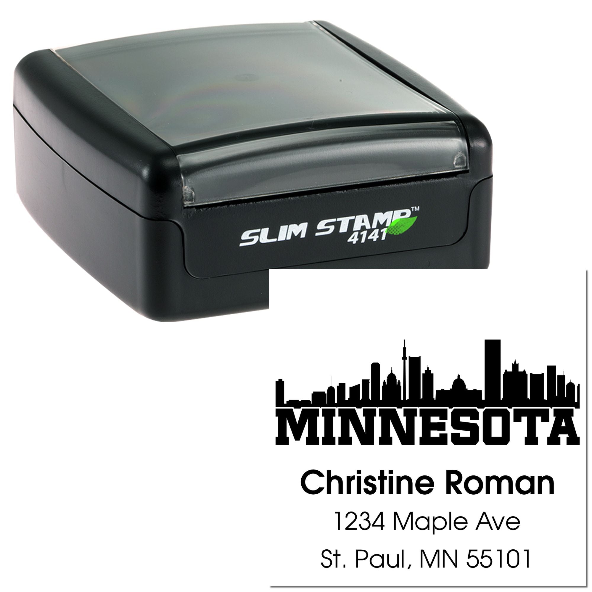 Custom self-inking rubber address stamp with Minnesota skyline design and personalized name, street, city, and ZIP imprint.
