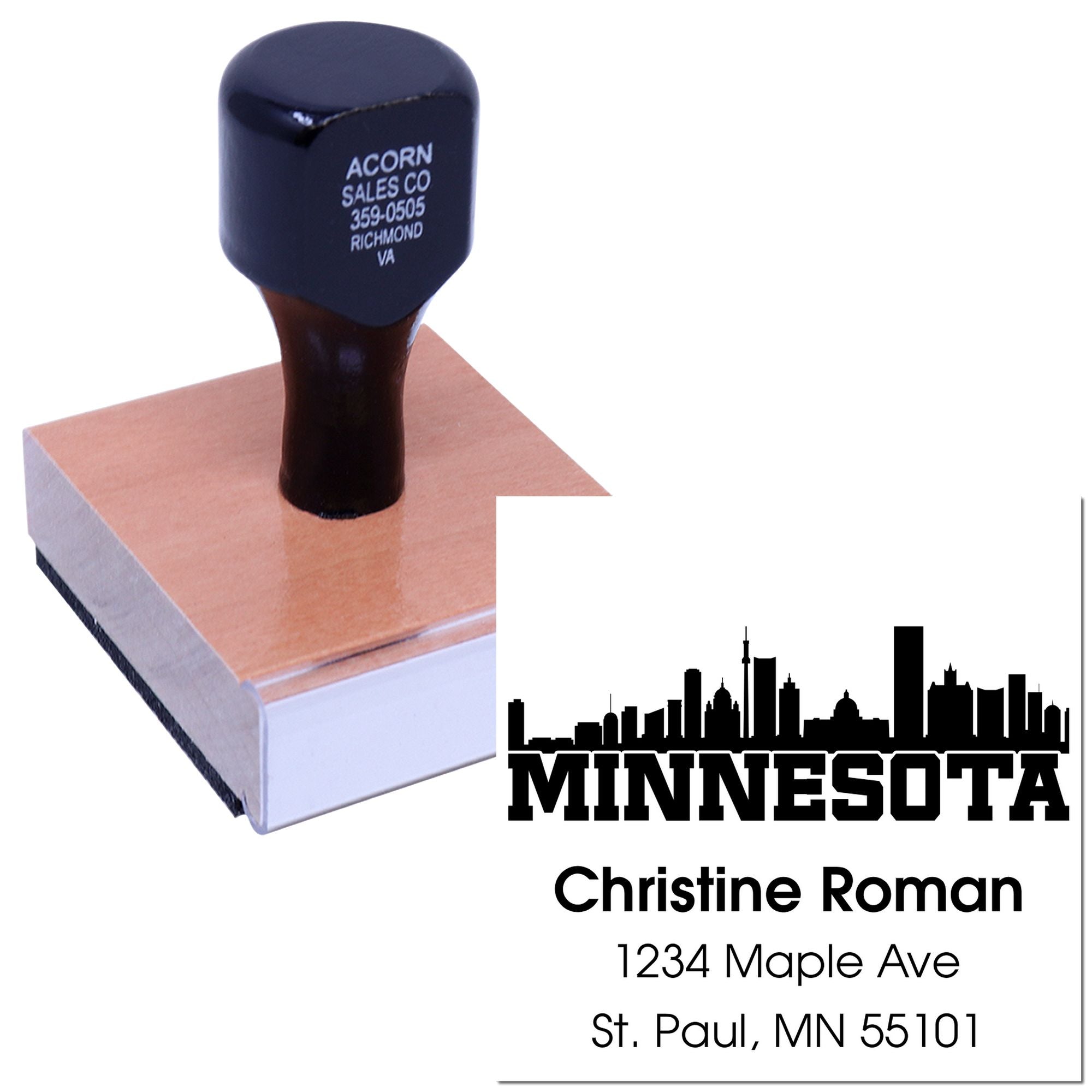Custom Minnesota return address rubber stamp with skyline logo, name, and address for business mailings.