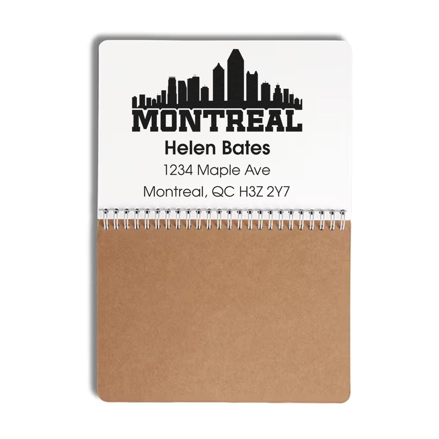 Custom Montreal return address rubber stamp with skyline design and name, Helen Bates, 1234 Maple Ave, Montreal, QC H3Z 2Y7