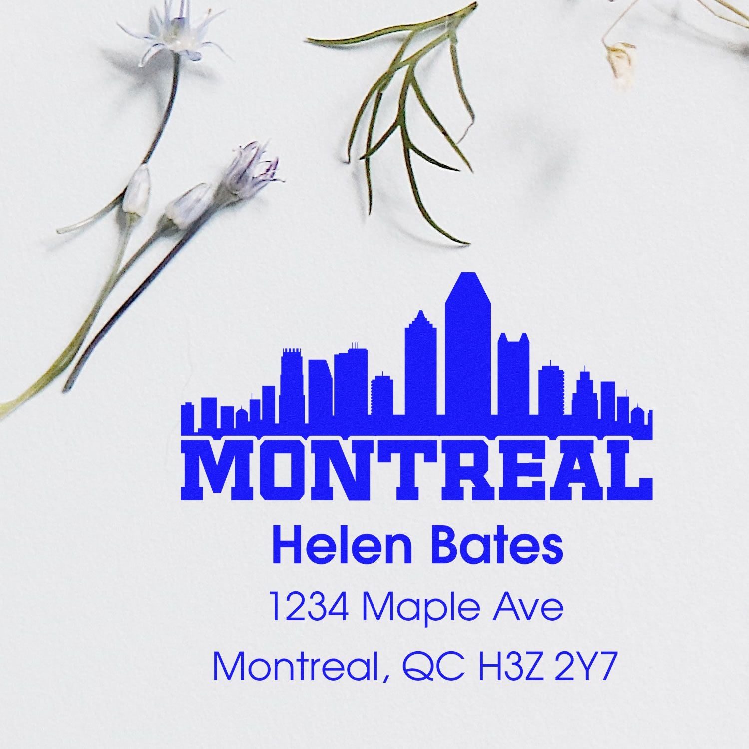Personalized Montreal return address rubber stamp with skyline, Helen Bates, 1234 Maple Ave, Montreal, QC H3Z 2Y7