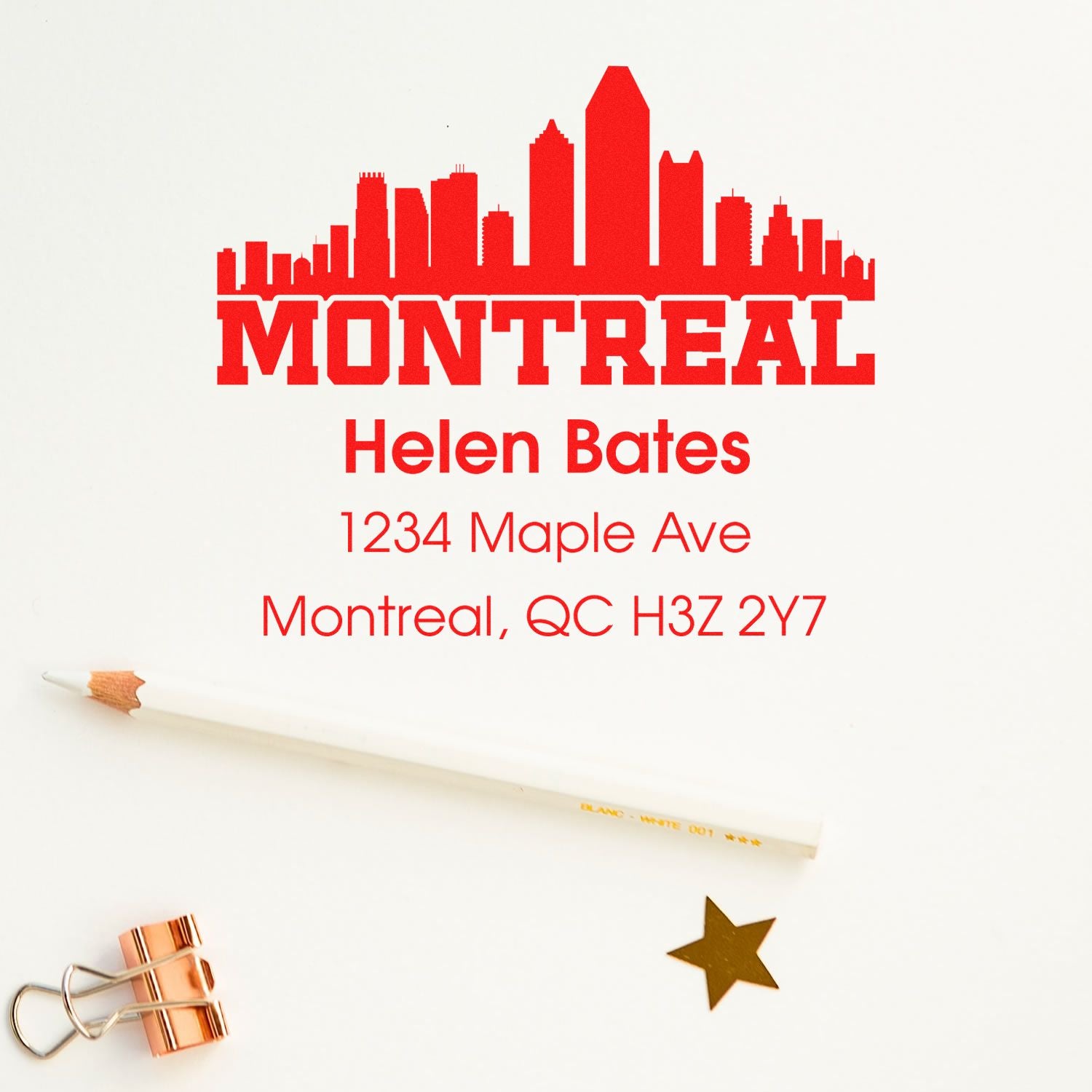 Custom Montreal skyline return address rubber stamp for Helen Bates, with name, street address and postal code.