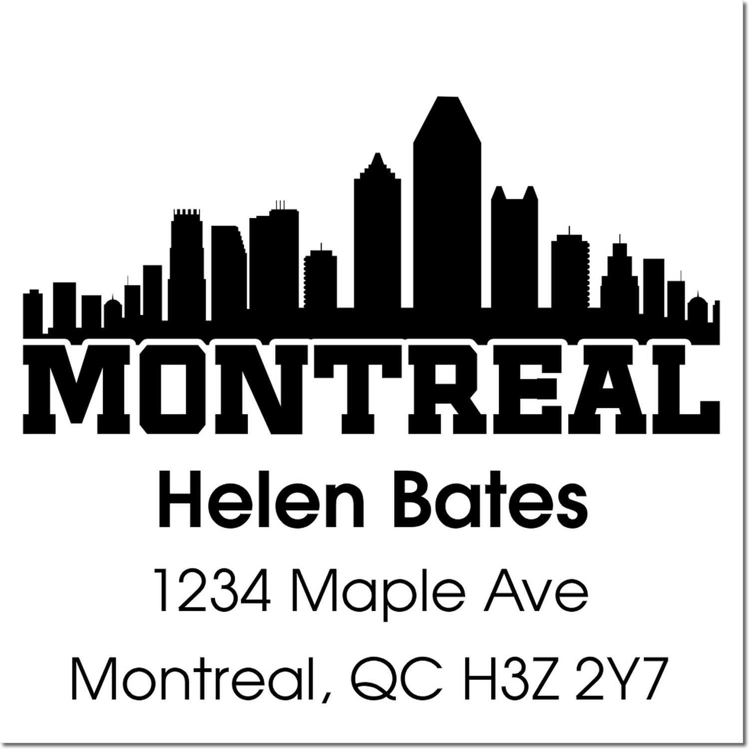 Custom Montreal return address rubber stamp with skyline graphic, Helen Bates, 1234 Maple Ave, Montreal QC H3Z 2Y7
