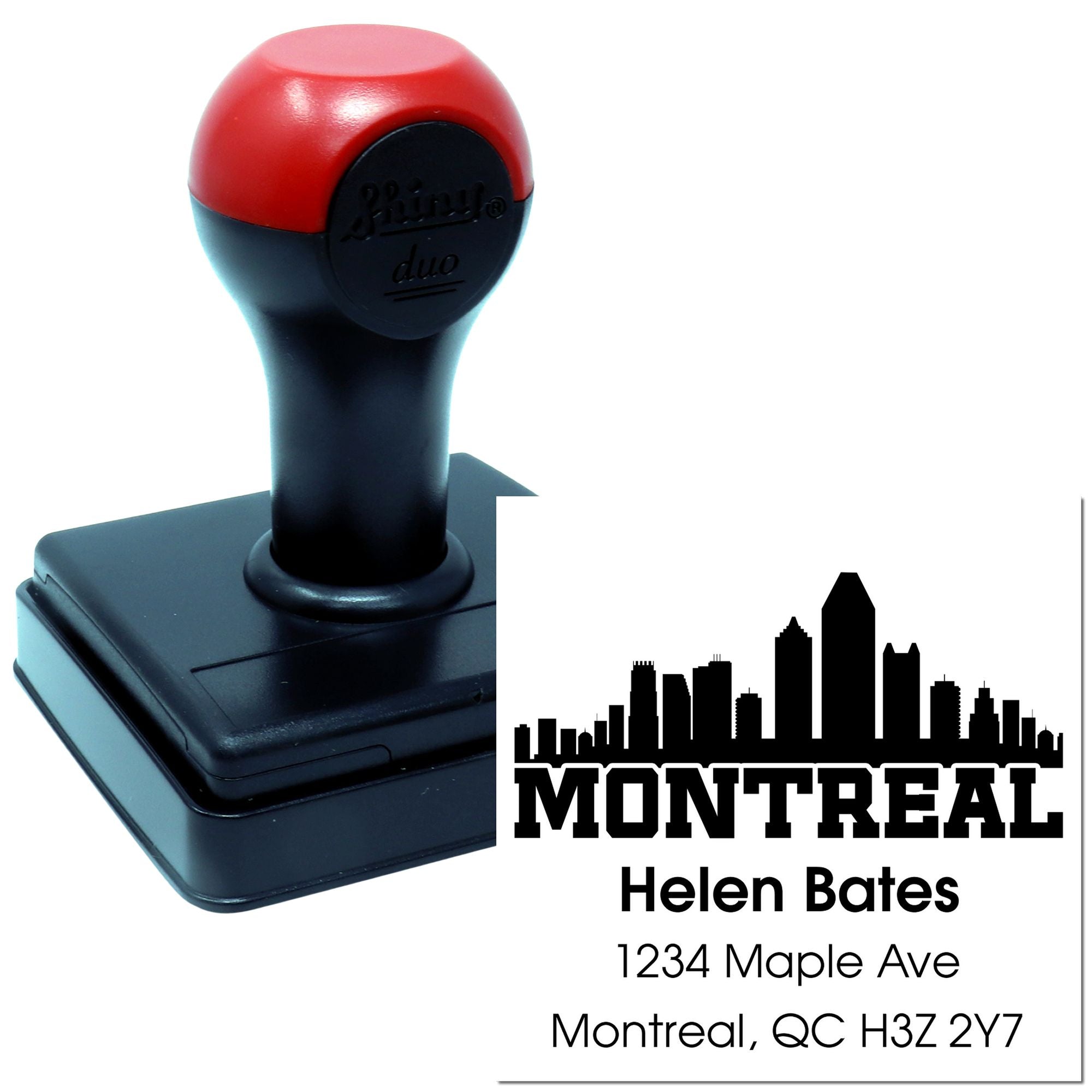 Custom self-inking address rubber stamp with Montreal skyline logo, Helen Bates, and return address for mailing.