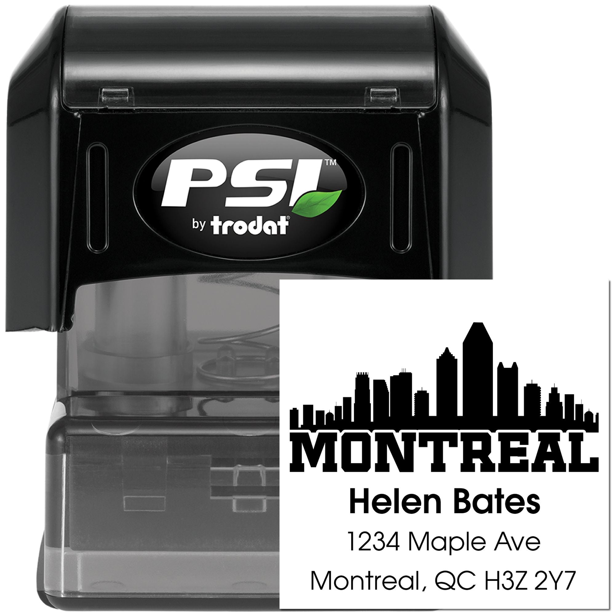 PSI by Trodat custom self-inking rubber stamp with Montreal skyline address design for Helen Bates.