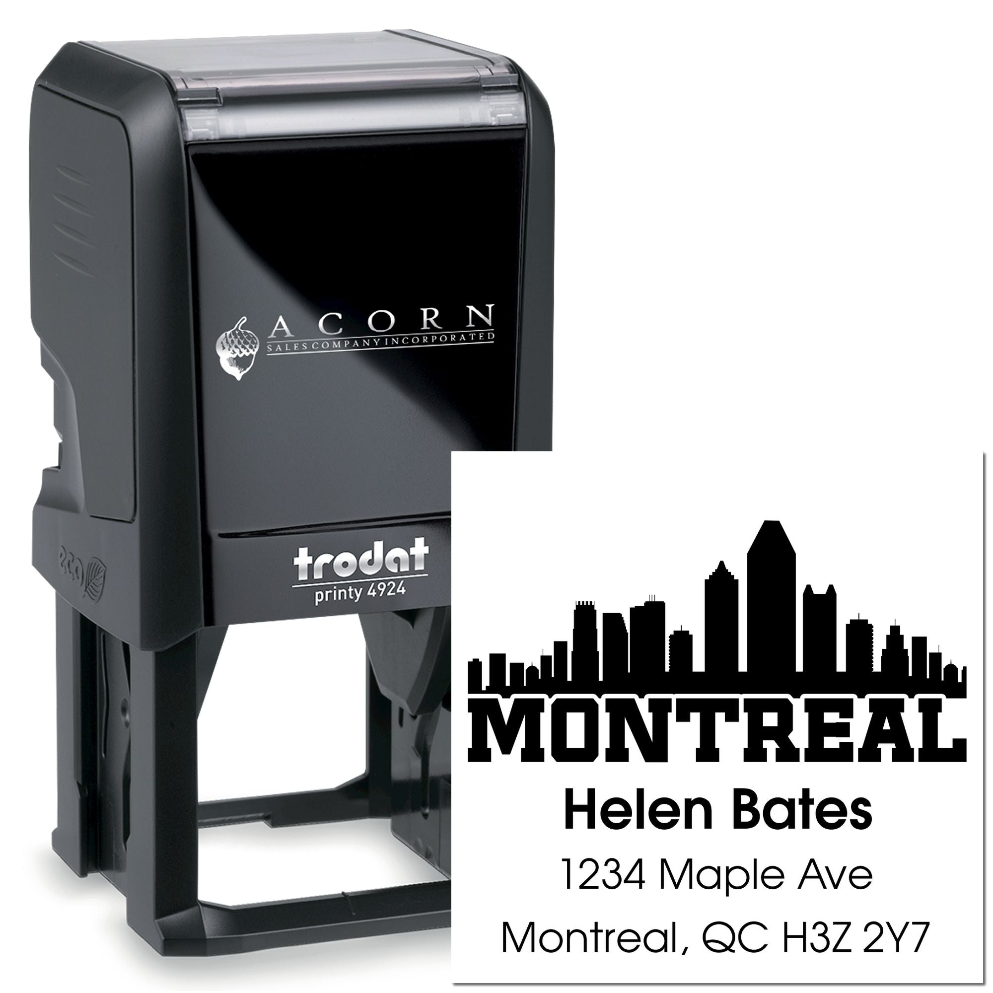 Trodat self-inking rubber stamp with custom Montreal skyline address design for Helen Bates, ideal for business branding.