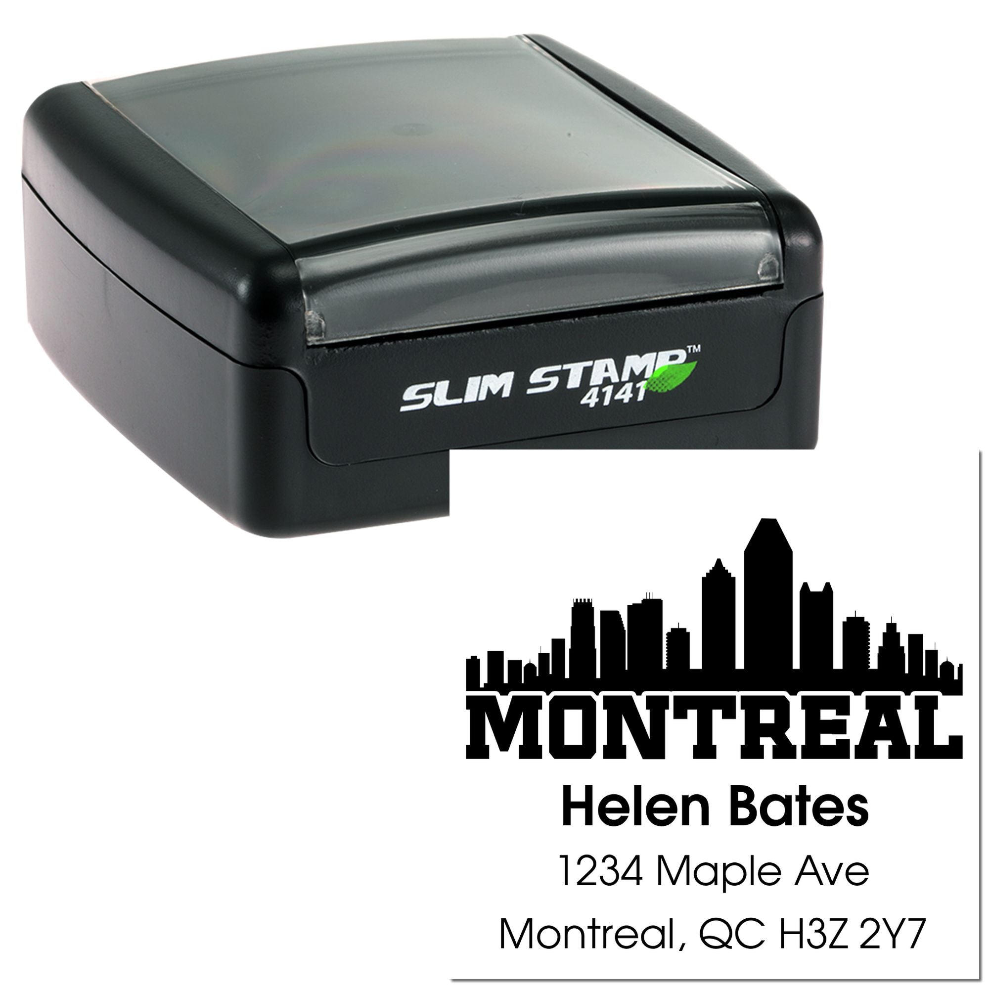 Custom self-inking rubber stamp with Montreal return address imprint for business mailings and envelopes.