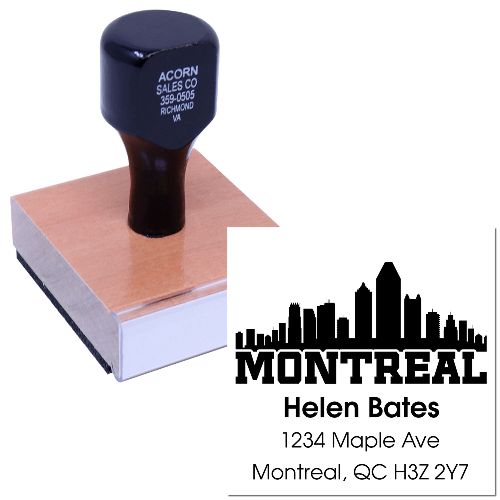 Personalized rubber address stamp featuring Montreal skyline, Helen Bates, and mailing address for business correspondence.