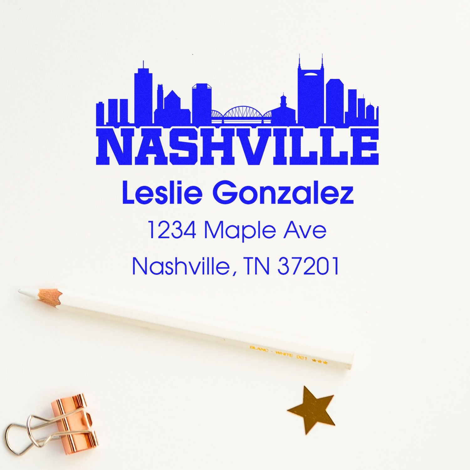 Custom Nashville return address rubber stamp with skyline design for Leslie Gonzalez, 1234 Maple Ave, Nashville, TN 37201.