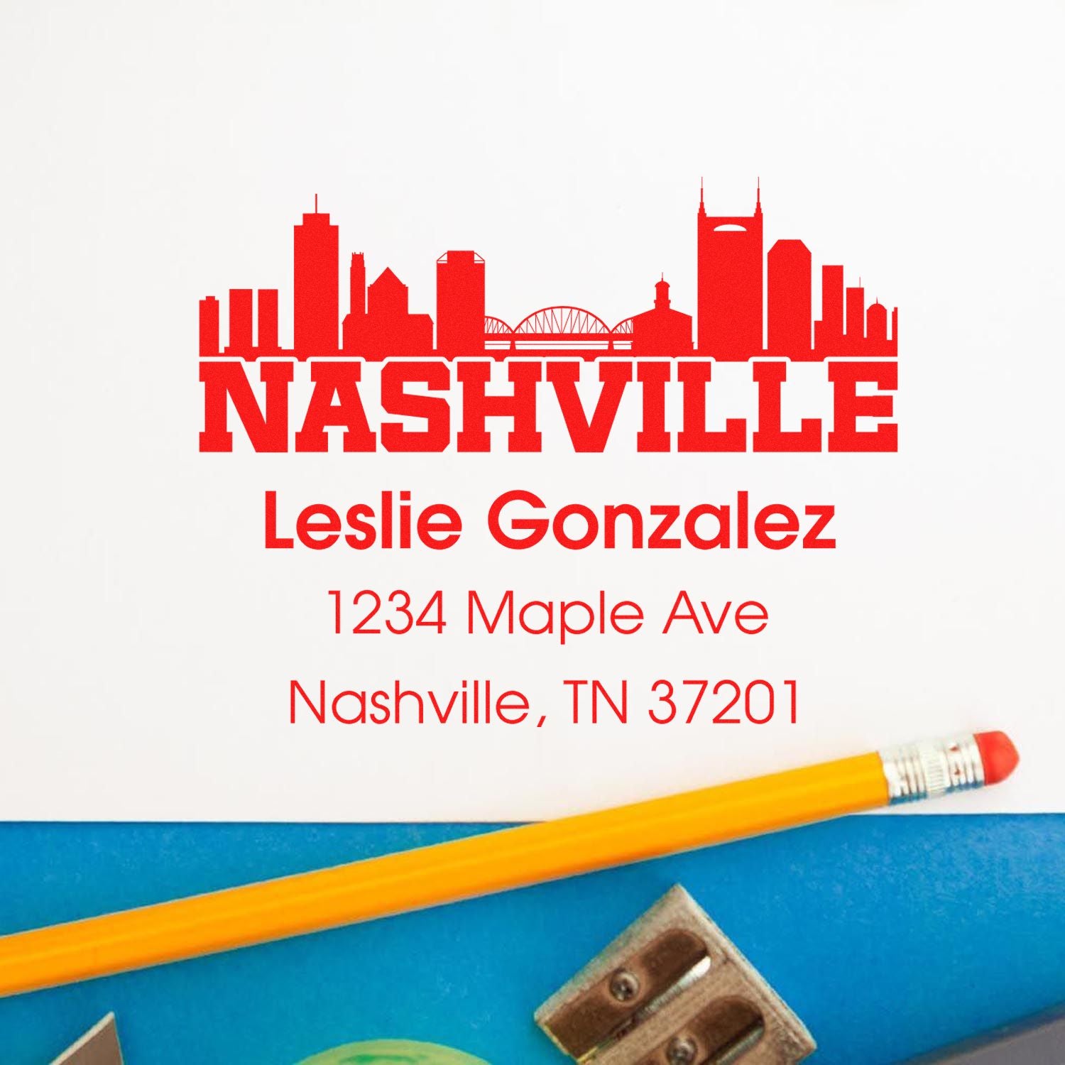 Custom Nashville skyline return address rubber stamp for Leslie Gonzalez, featuring name and Nashville, TN 37201.