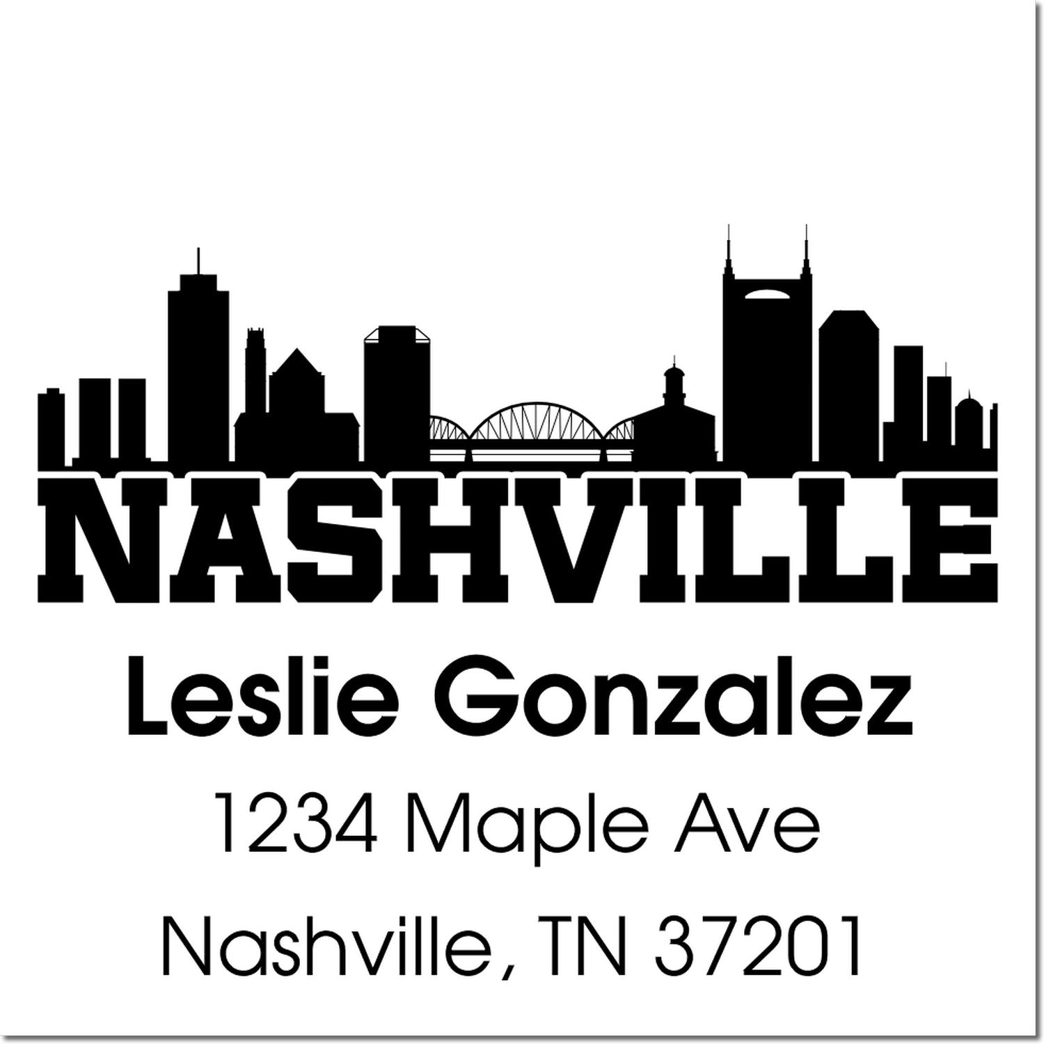 Custom Nashville rubber return address stamp with skyline, Leslie Gonzalez, 1234 Maple Ave, Nashville, TN 37201.